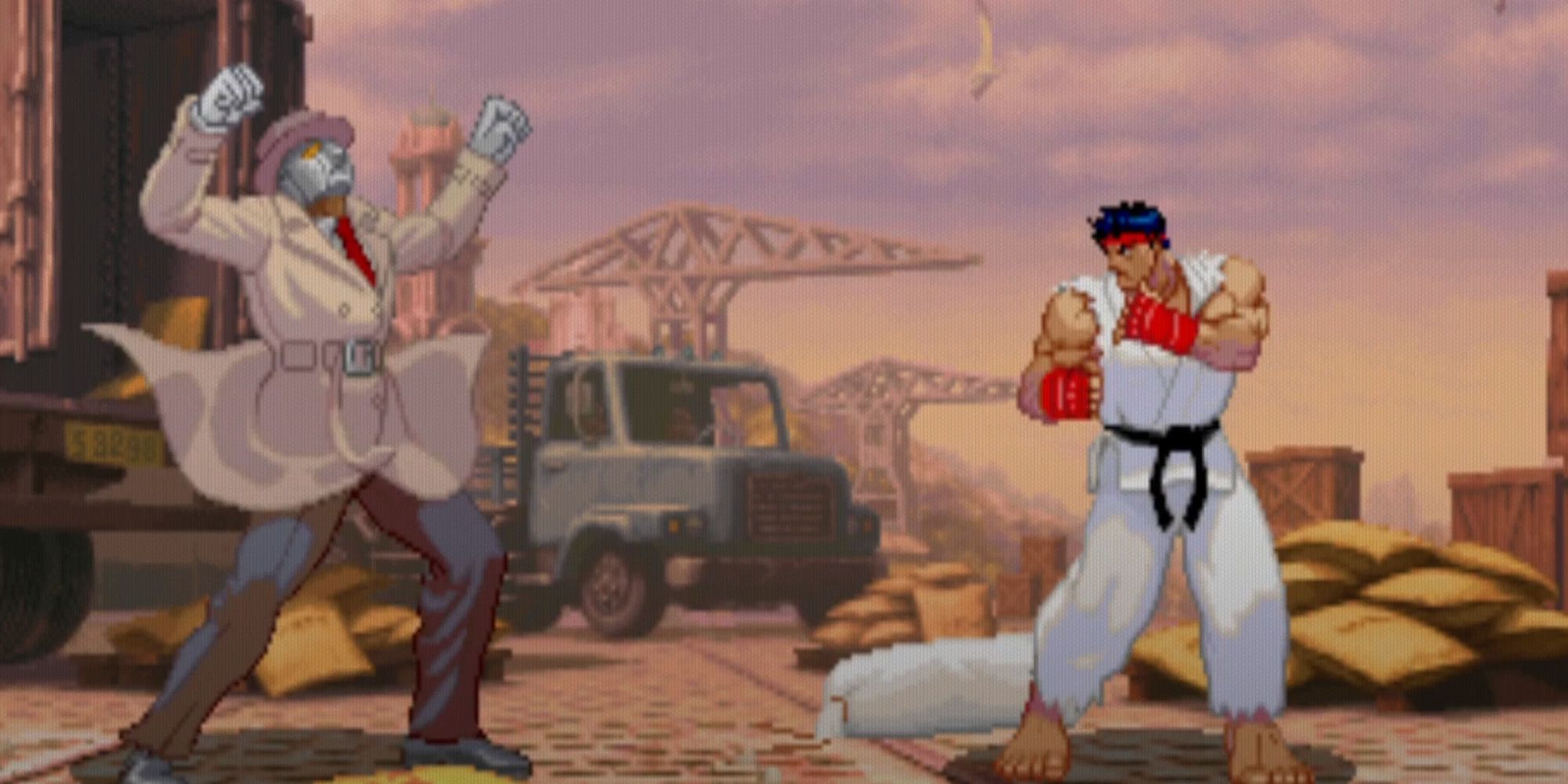 Q and Ryu facing off in Street Fighter 3: Third Strike