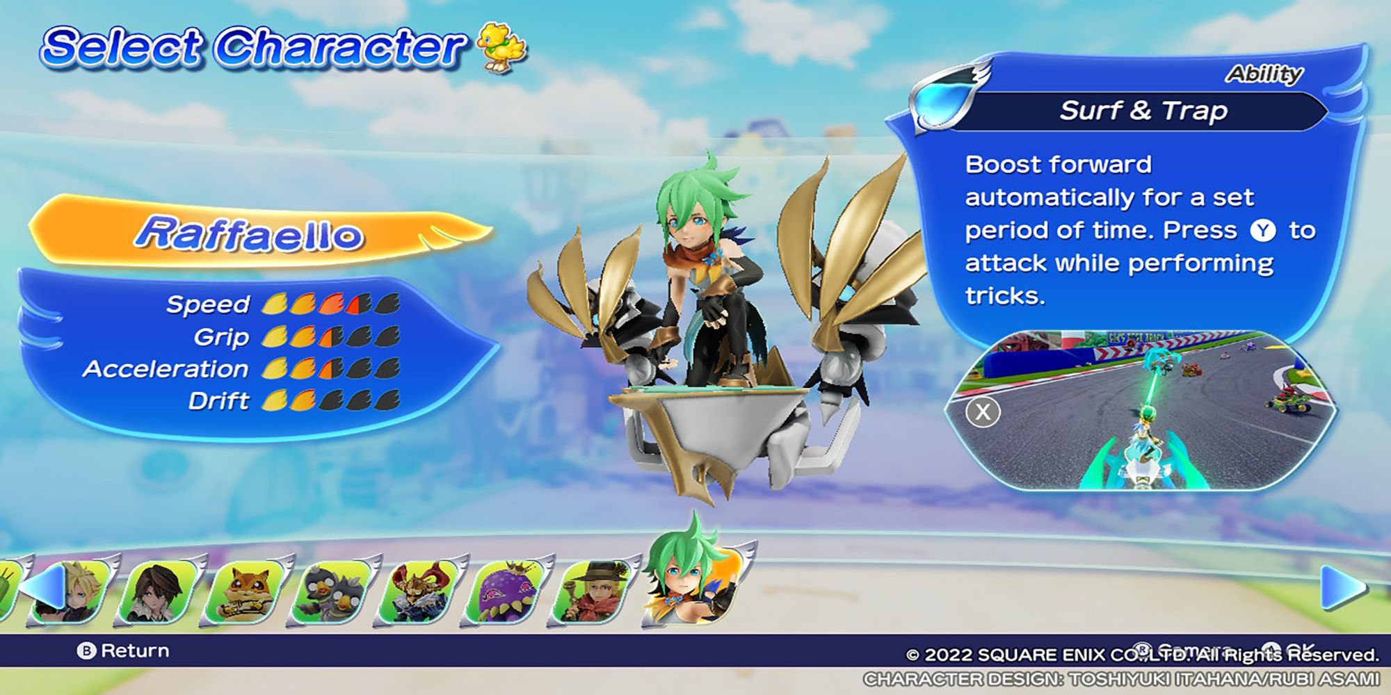Raffaello crouches atop his vehicle, Angelo, in Chocobo GP's Character Select Screen.