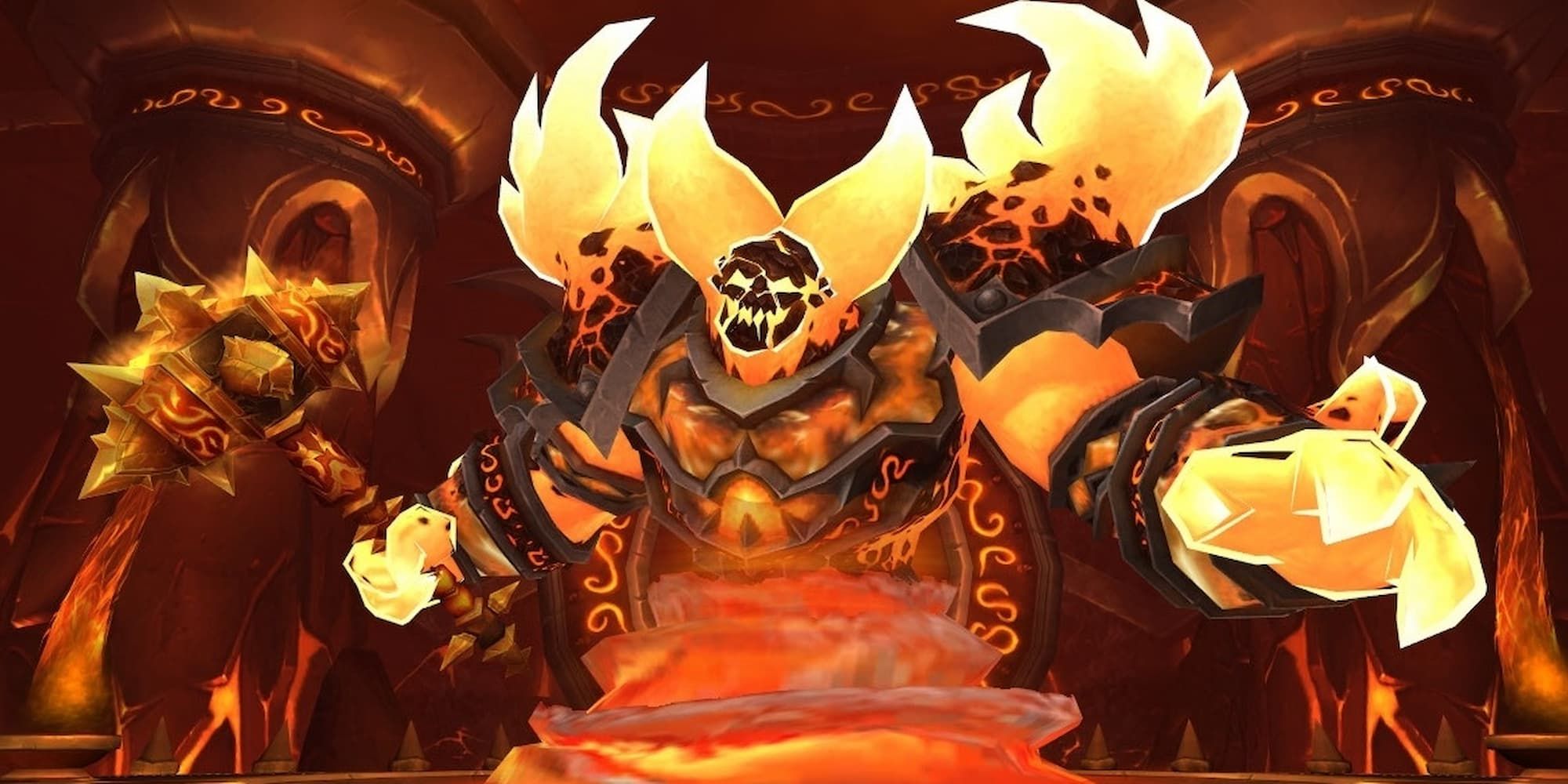 Ragnaros the Fire Lord emerges from his lair with his hammer in hand.