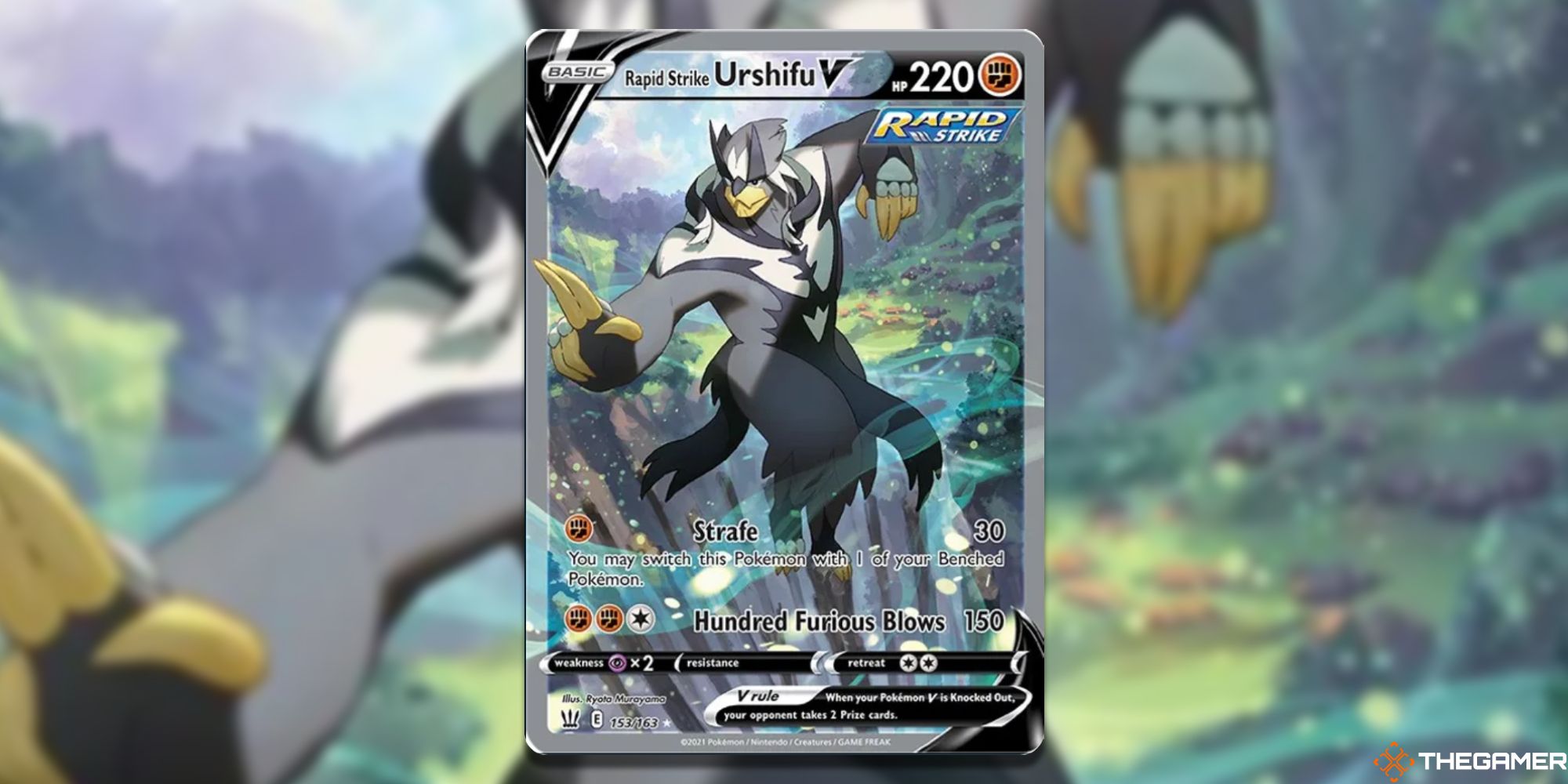 Pokemon TCG: Rapid Strike Urshifu V (Alternate Full Art) from Battle Styles, with blurry background