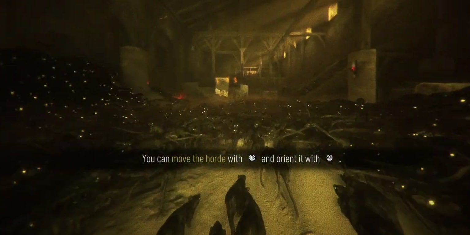 Screenshot of player using Hugo's Rat Horde Control in Plague Tale: Requiem. 