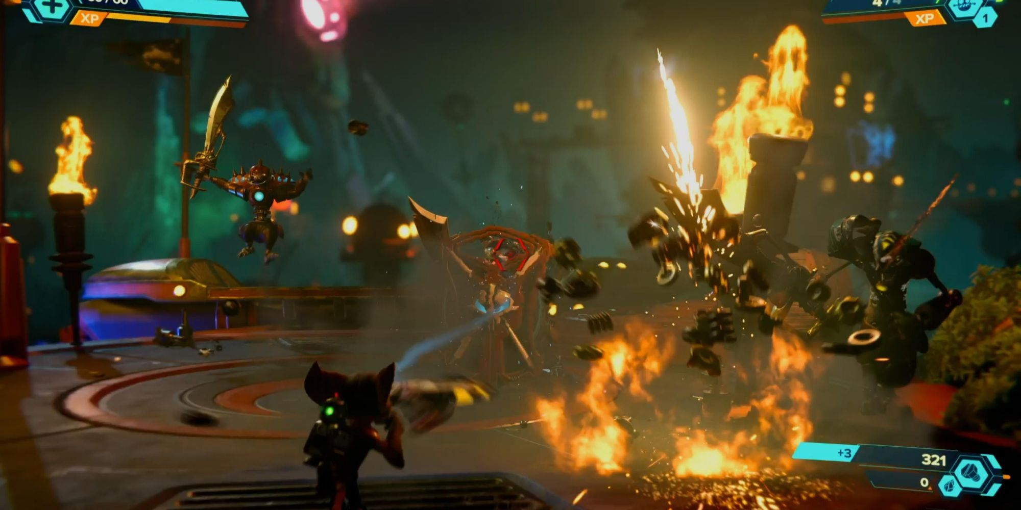 Ratchet Clank Rift Apart Exploding enemies and leaving bolts and bits