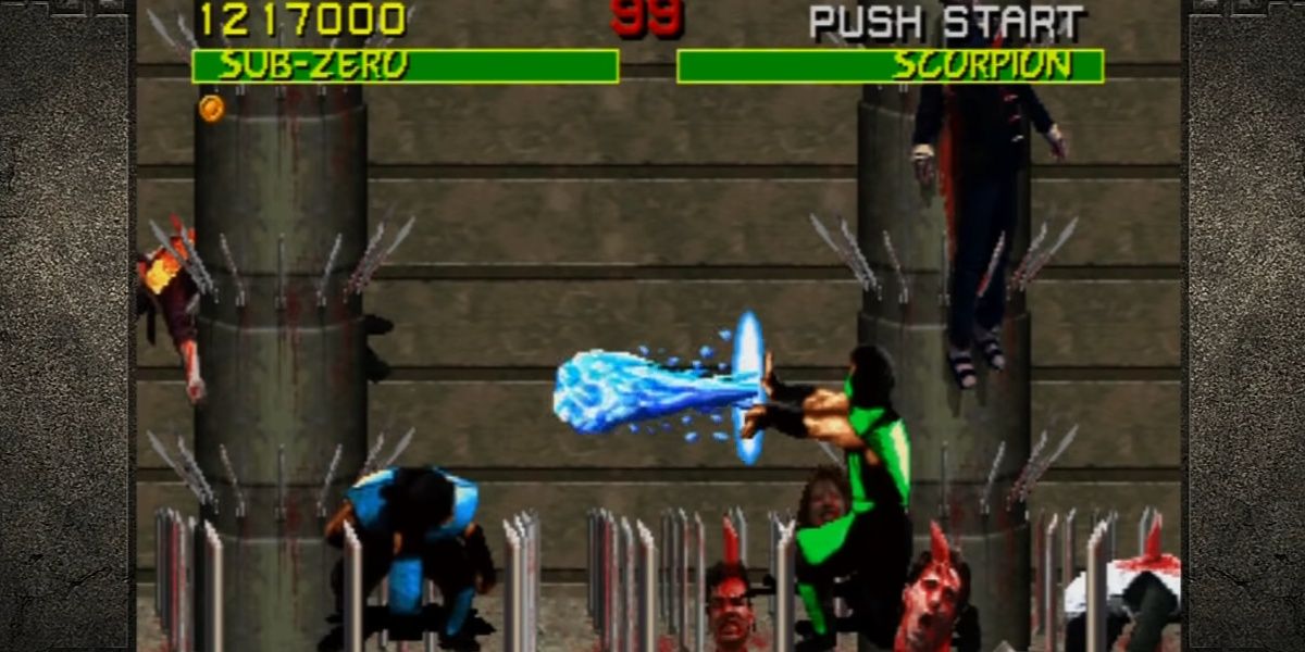 Reptile throwing ice freeze at Sub-Zero in Mortal Kombat 1.