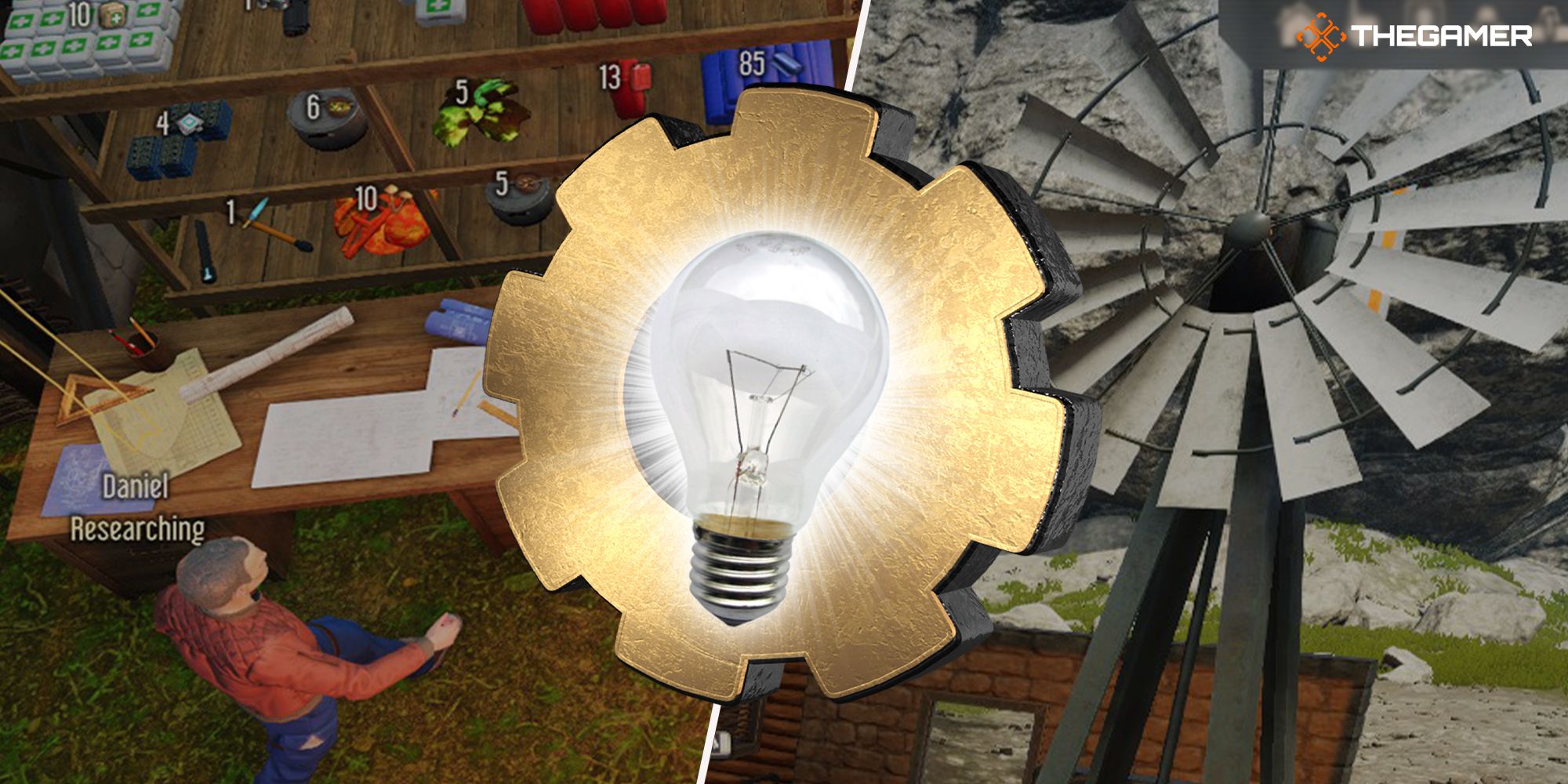 An icon of a lightbulb over a cog between two screenshots from Stranded: Alien Dawn. The first screenshot shows Daniel at his research desk. The second displays a wind turbine.