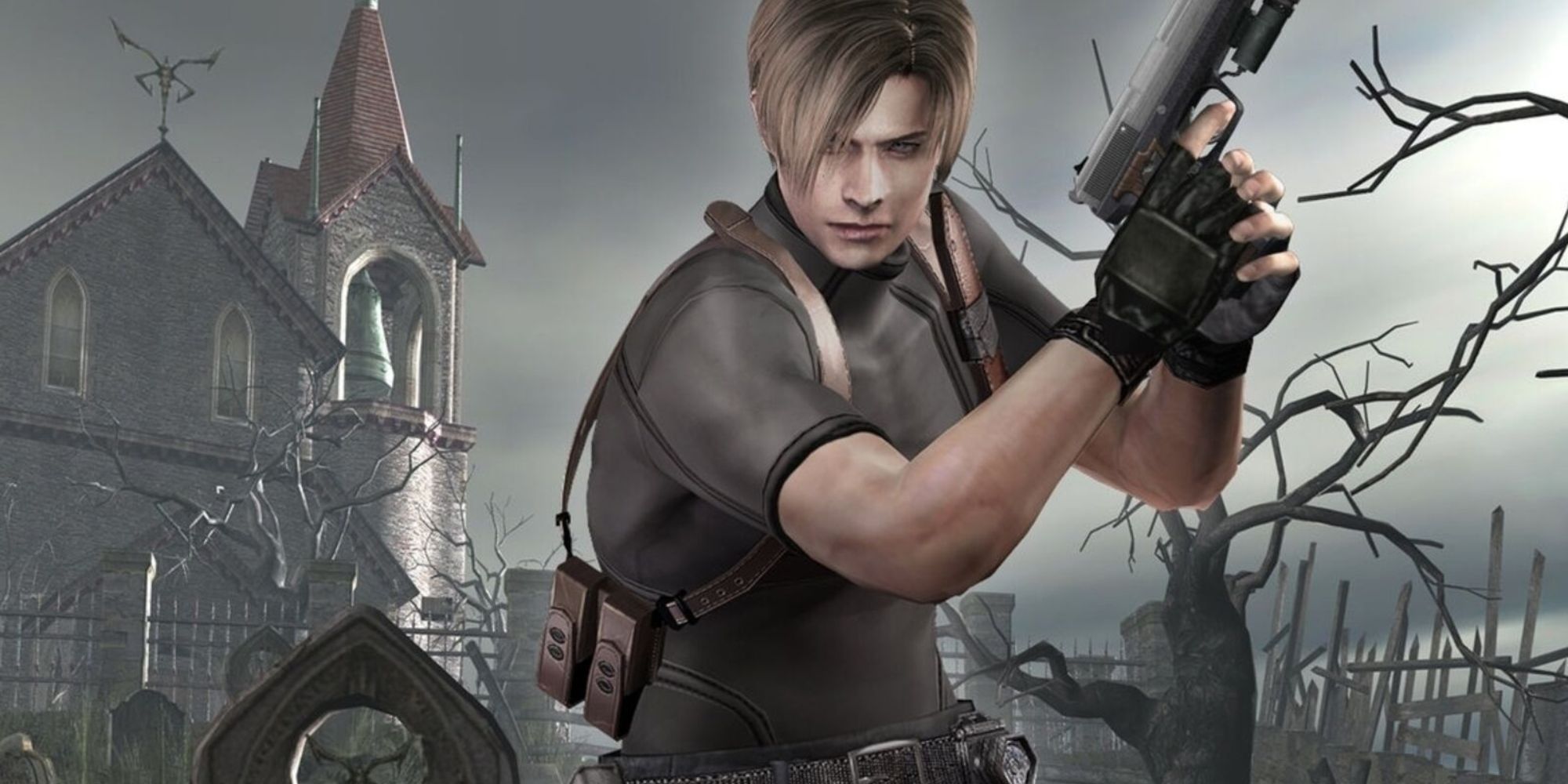 Leon Kennedy holds his gun in the air in a cemetery by a church in resident evil 4
