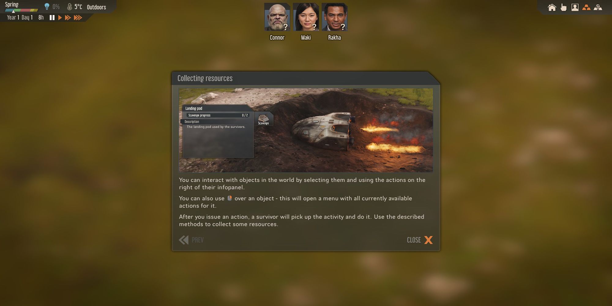 A dialog window explains how to harvest resources in Stranded: Alien Dawn.