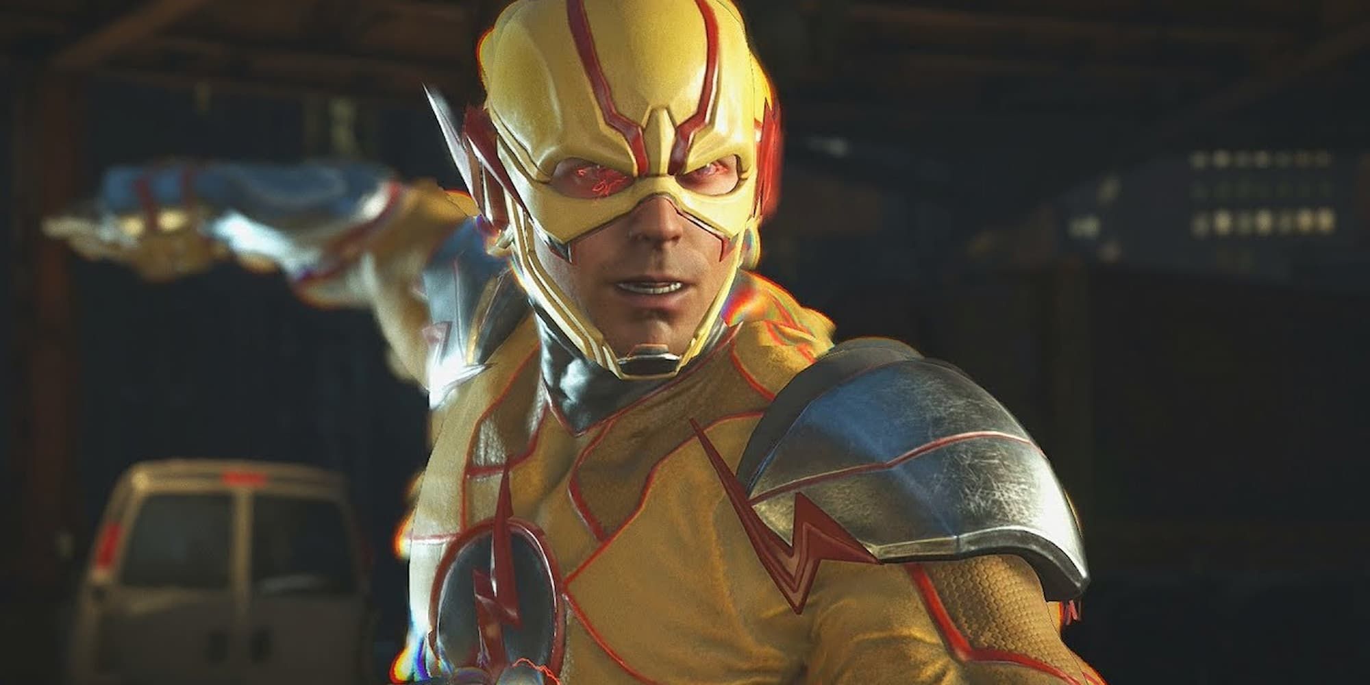 Reverse Flash extends his arm behind him as he screeches to a halt.