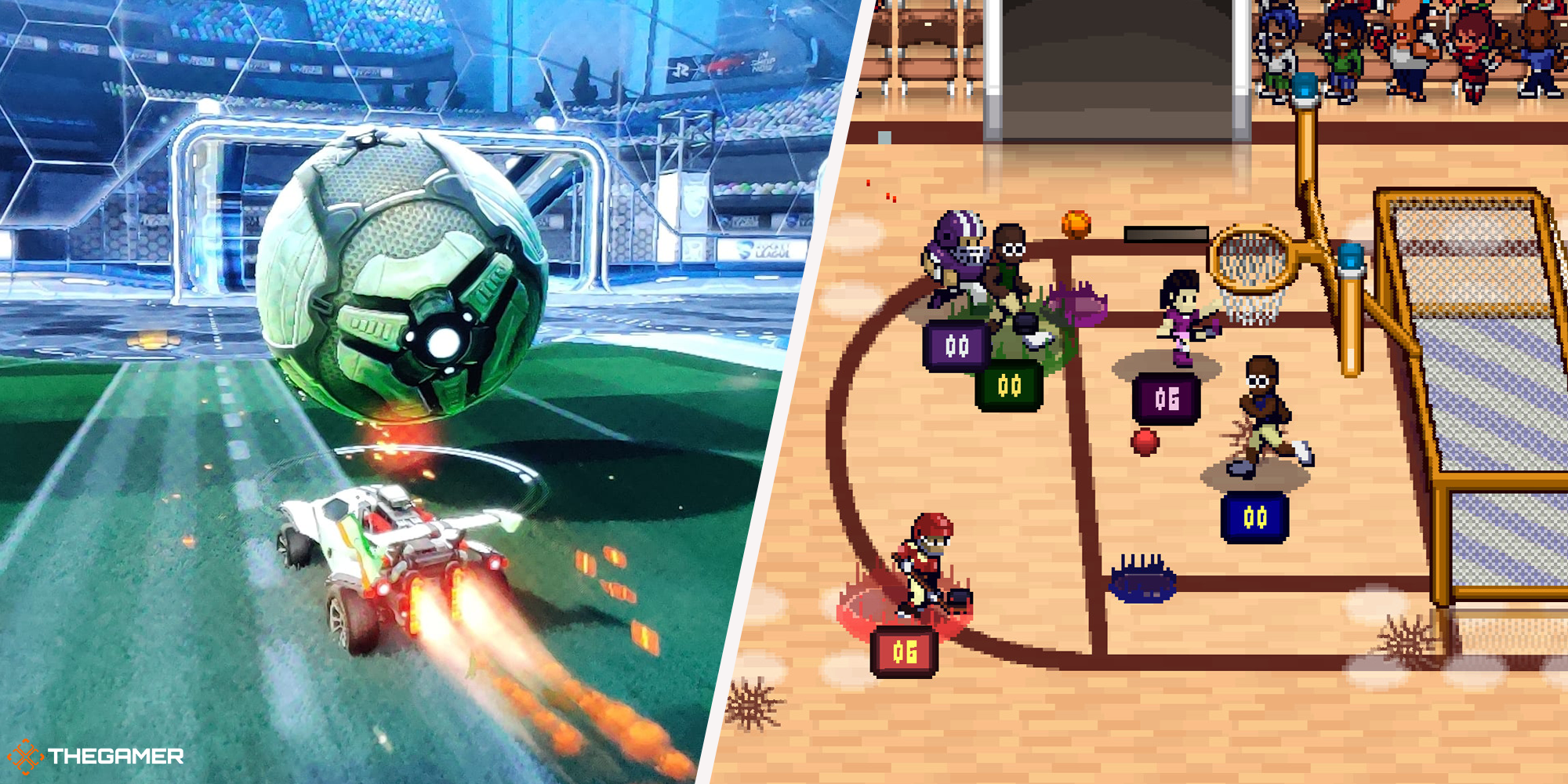 Rocket League gameplay (left), Super Slam Dunk Touchdown gameplay (right)