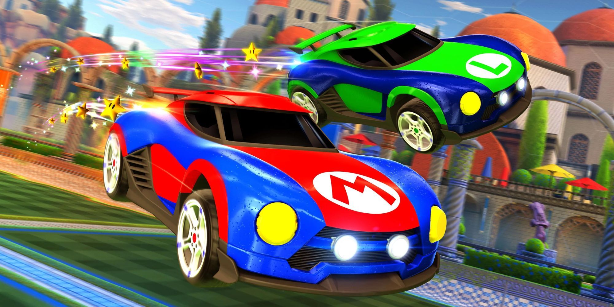 A Mario and Luigi vehicle soar over a grassy field