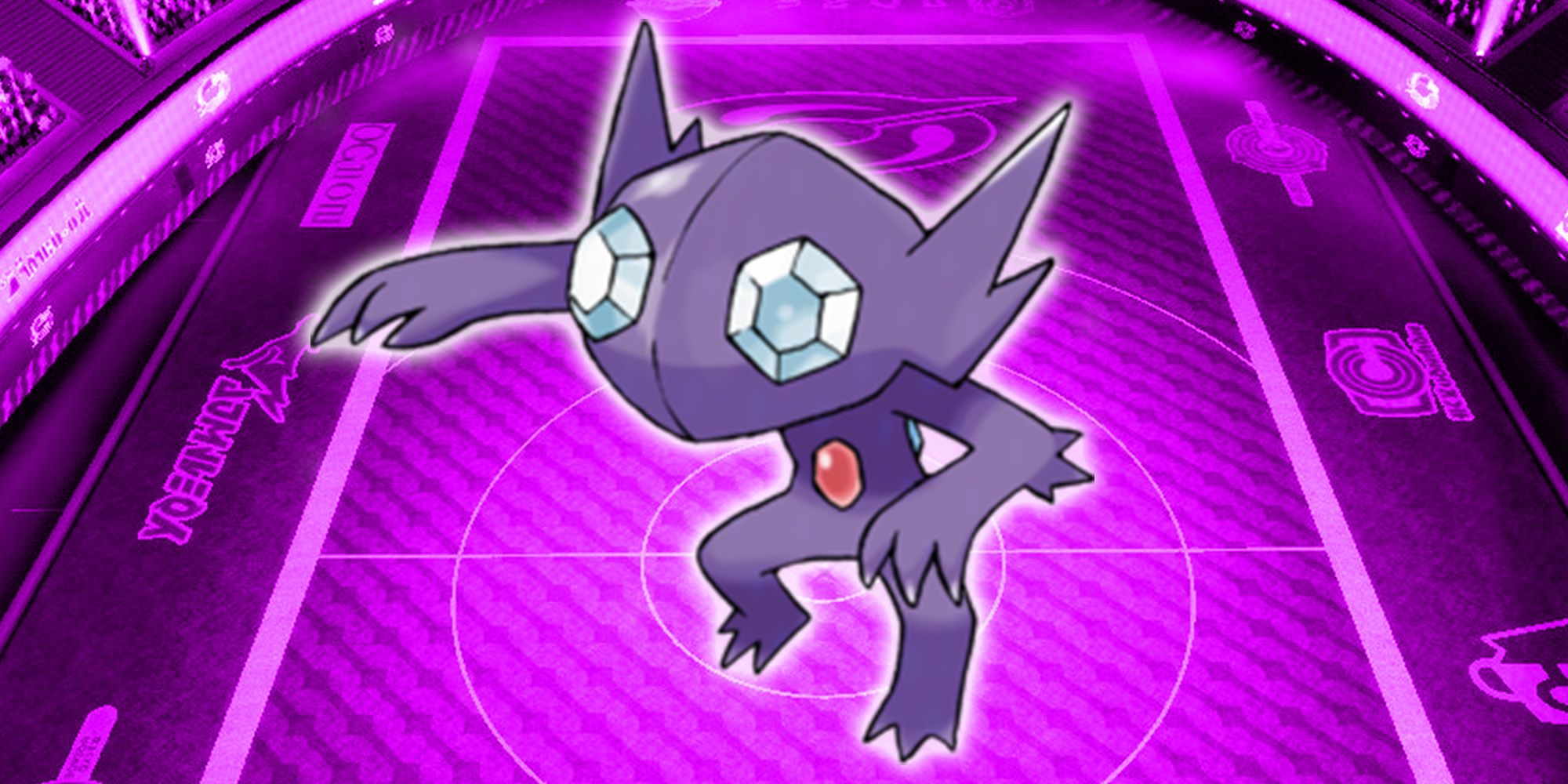 Sableye with purlple battle stadium in background