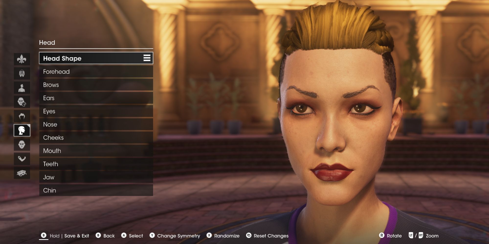 A close-up of the character creation menu in the Saints Row reboot, with the menu UI and categories and a female face with hair styled.