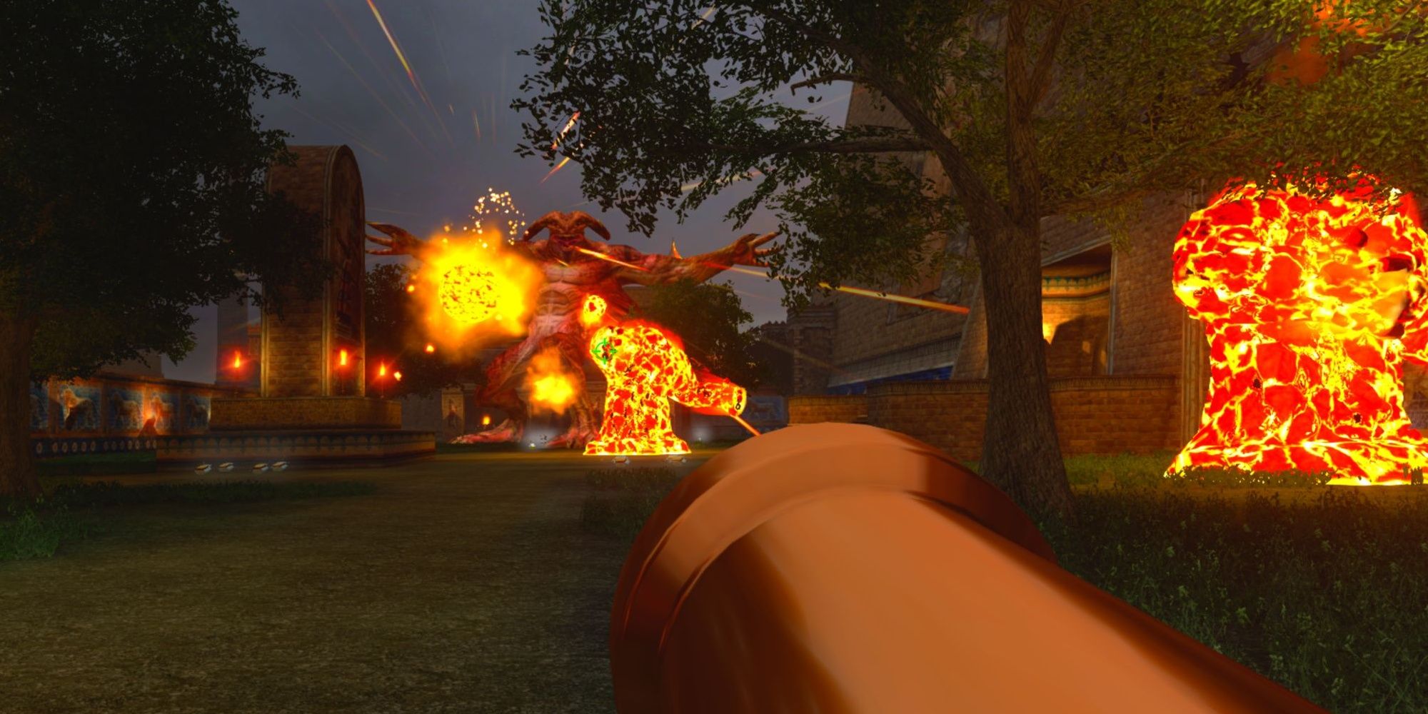 Sam fighting off huge enemies with his Cannon in the Serious Sam Collection.