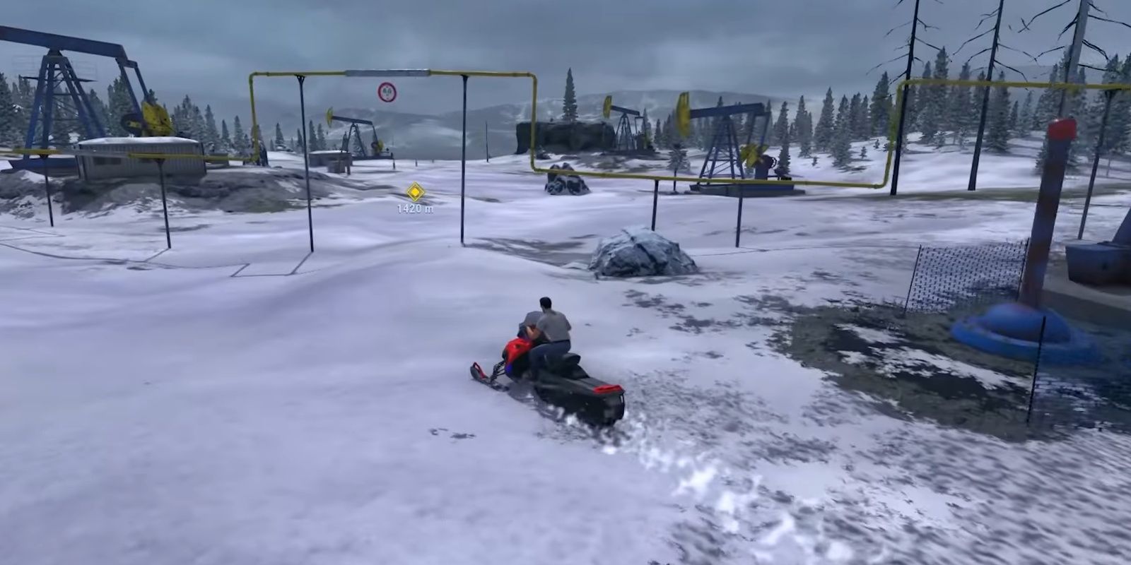 Sam riding a snowmobile in Serious Sam: Siberian Mayhem.