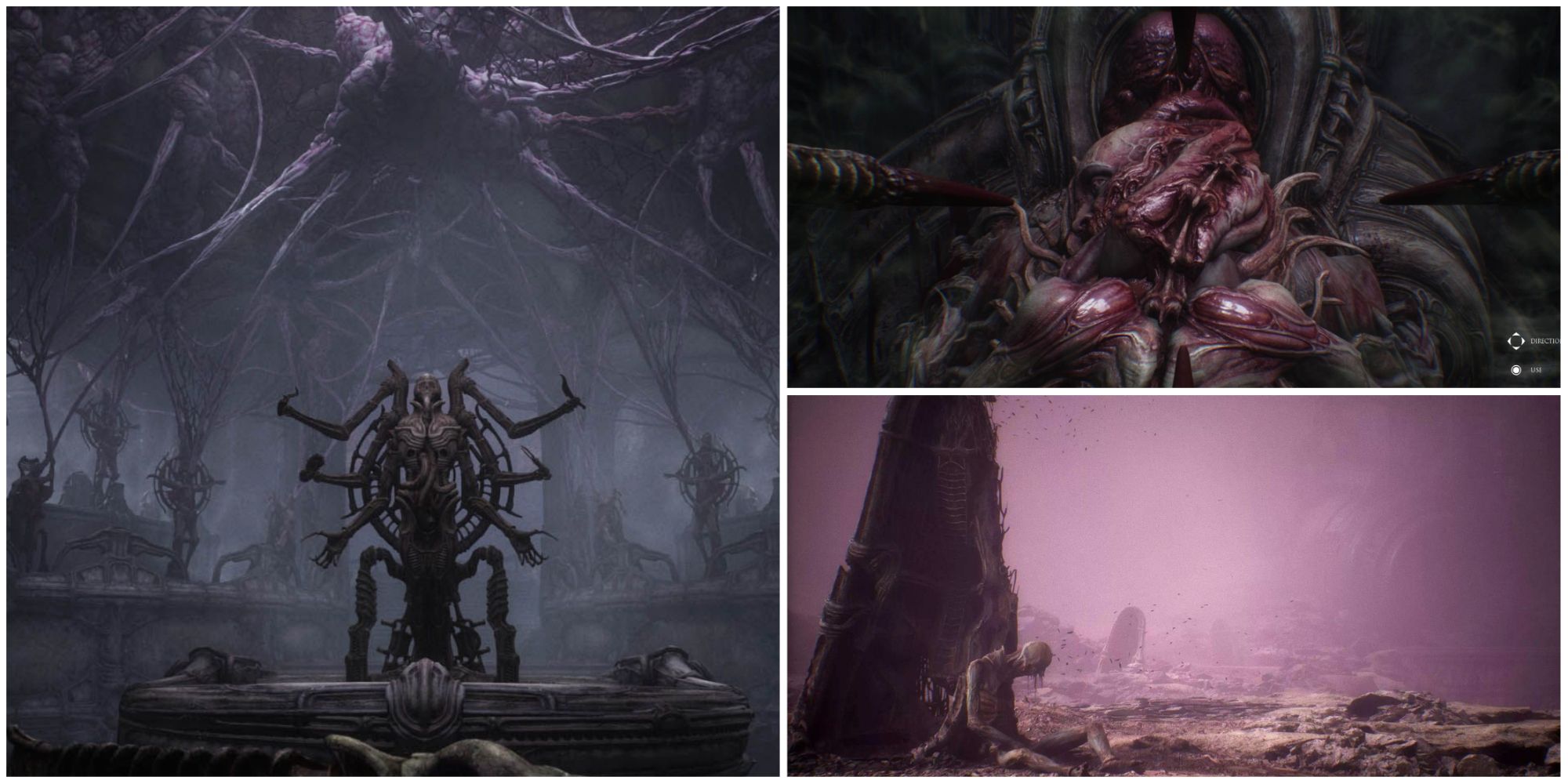 Three pictures from Scorn showing off the doctor, parasite, and red fields