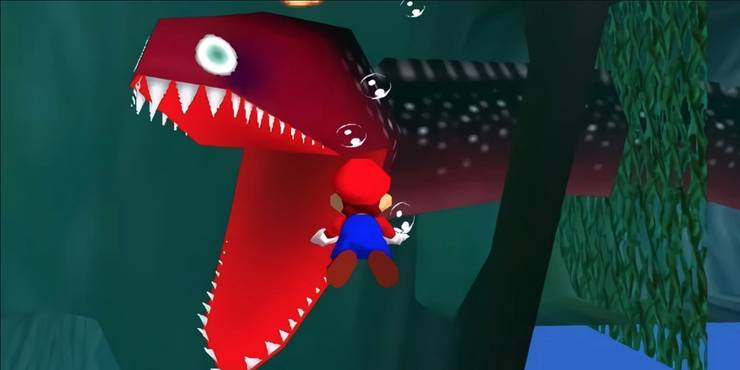 Mario swimming as Unagi comes out from the wall