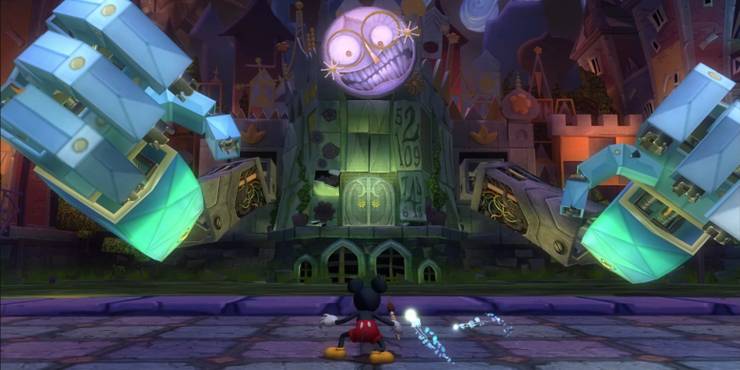 Mickey preparing to fight the It's A Small World Clock Tower