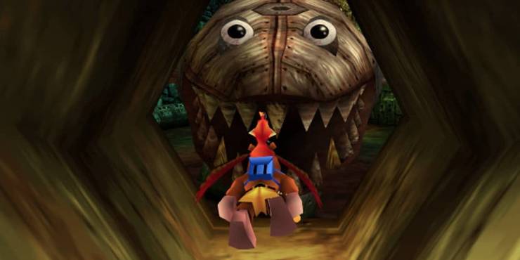 Banjo and Kazooie swimming down a pipe with Clanker at the end of it
