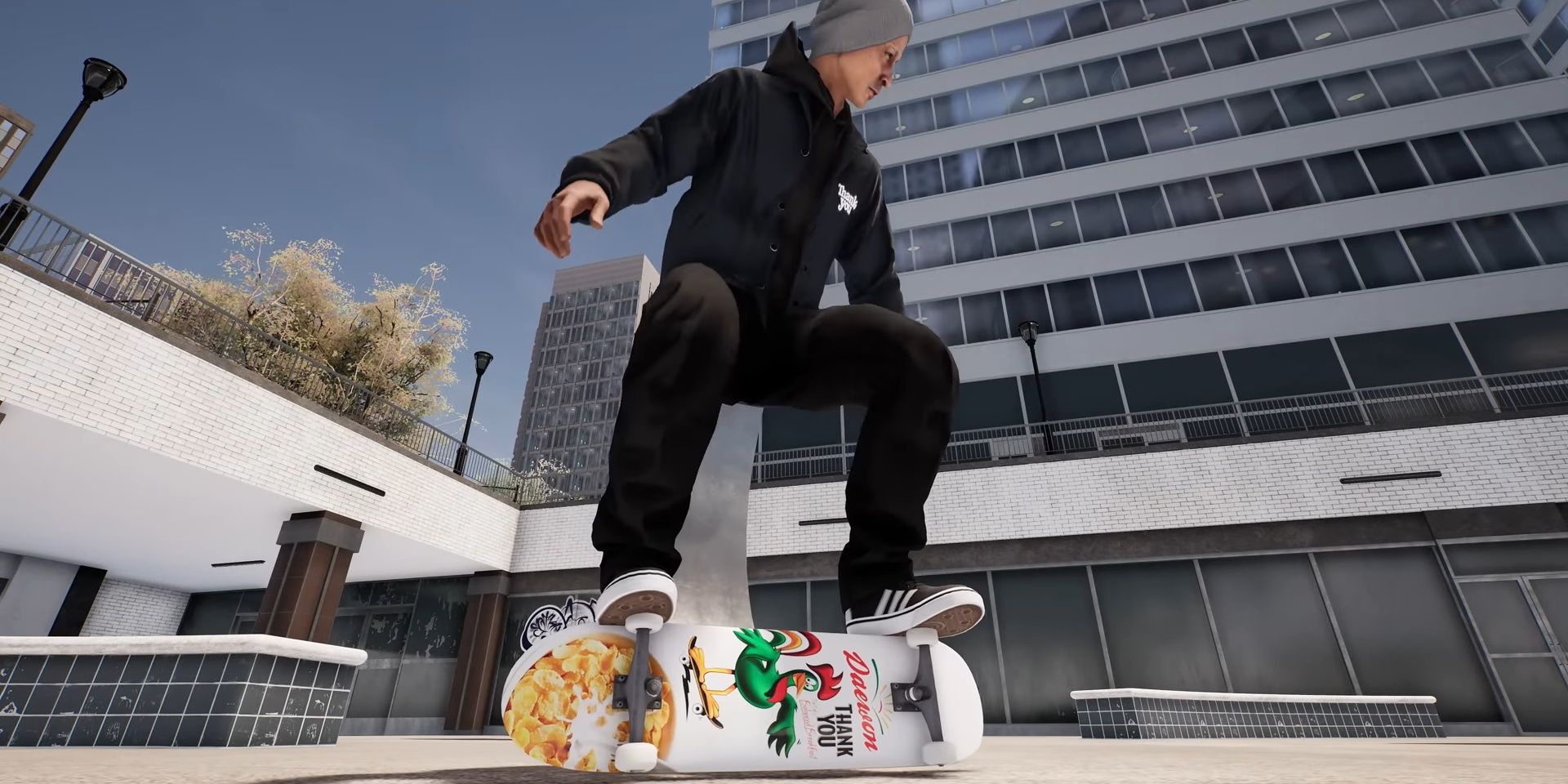 Screenshot of a closeup of a primo trick being done in Session: Skate Sim. 