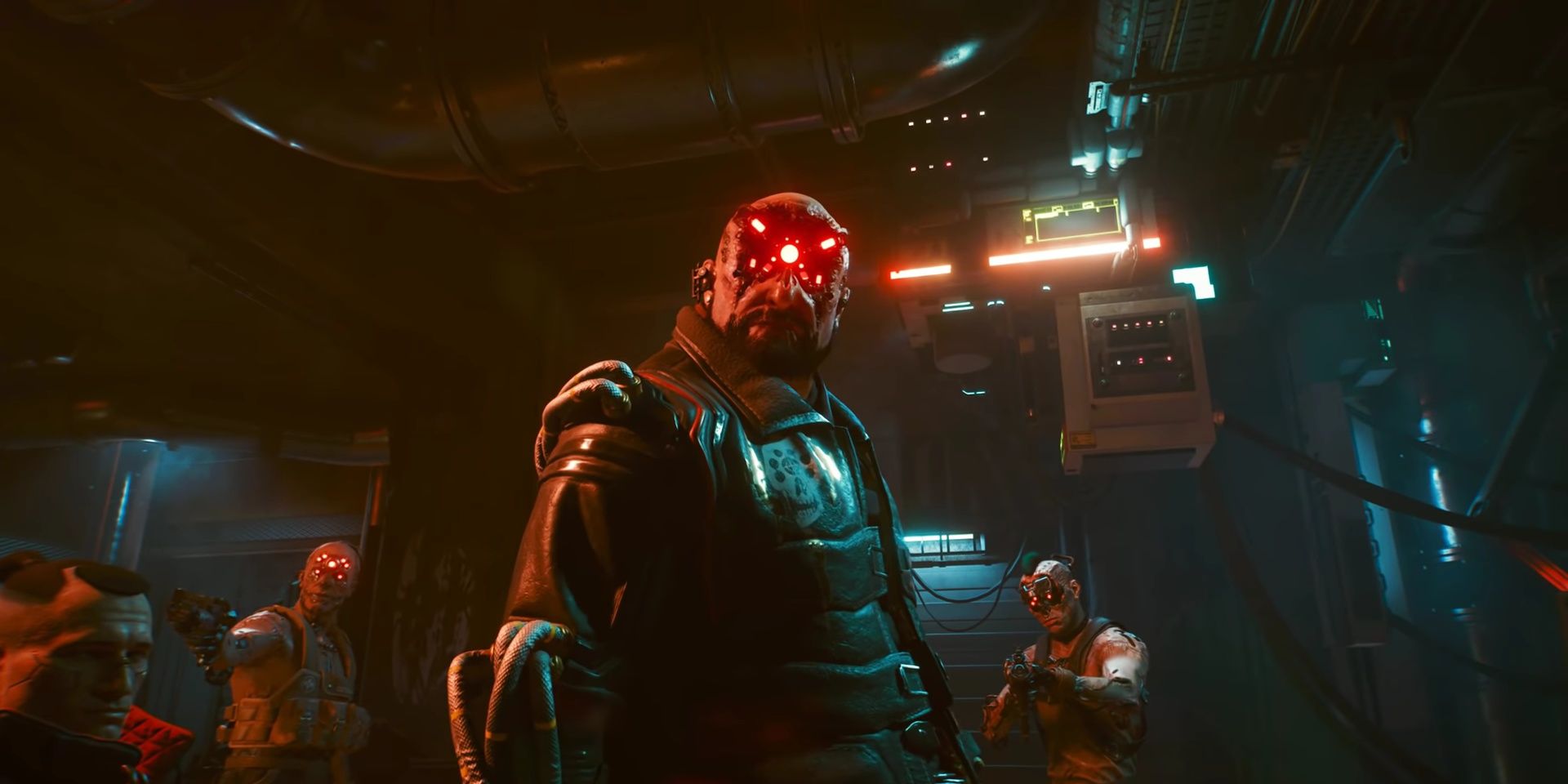 Screenshot of Royce intimidating V and Jackie in a Cyberpunk 2077 mission. 