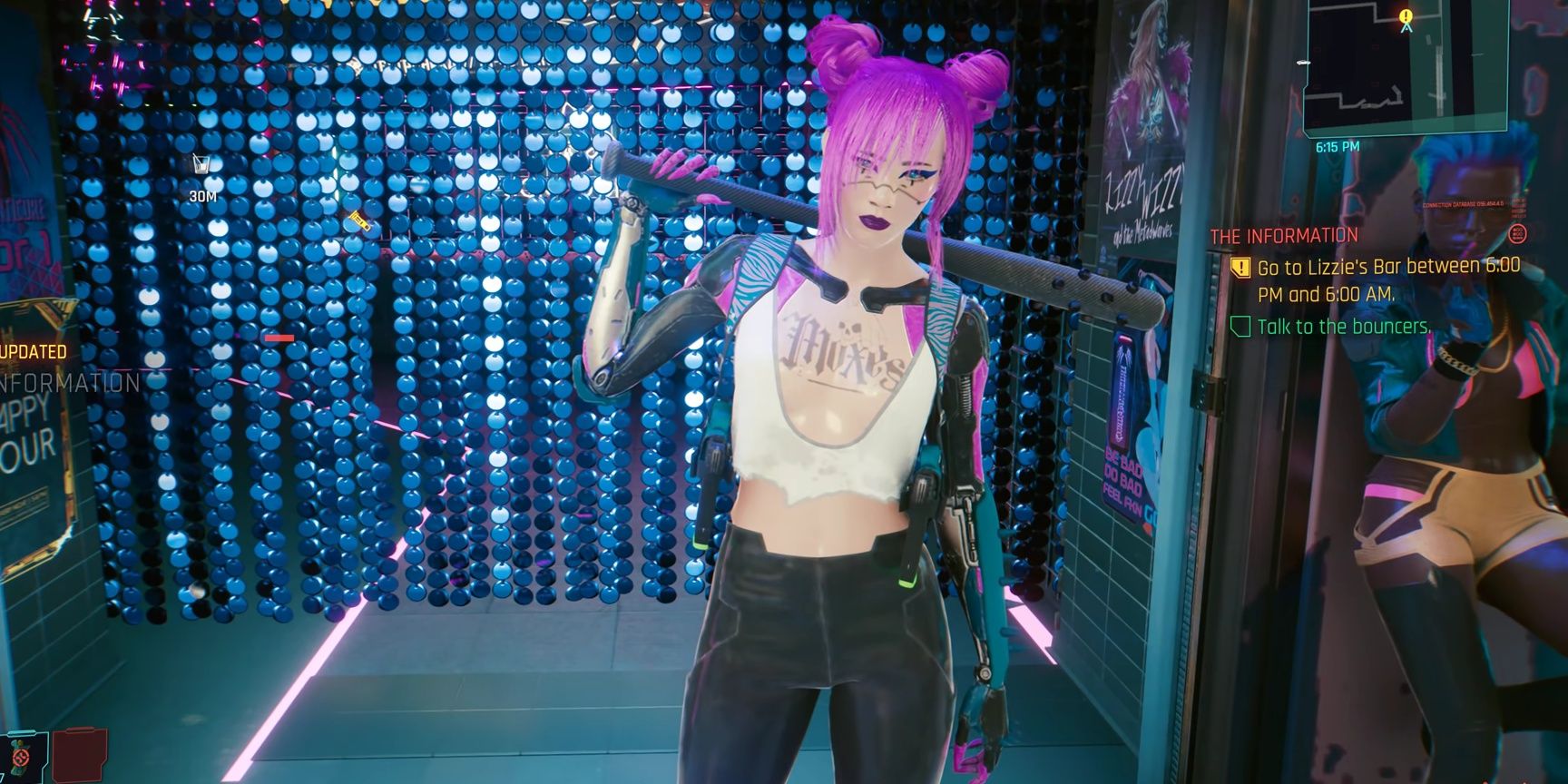 Screenshot of Rita interacting with a player before allowing entry into the club in Cyberpunk 2077.