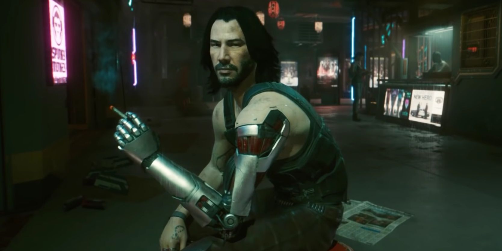 Screenshot of Keanu Reeves' character sitting down and having a smoke in Cyberpunk 2077..