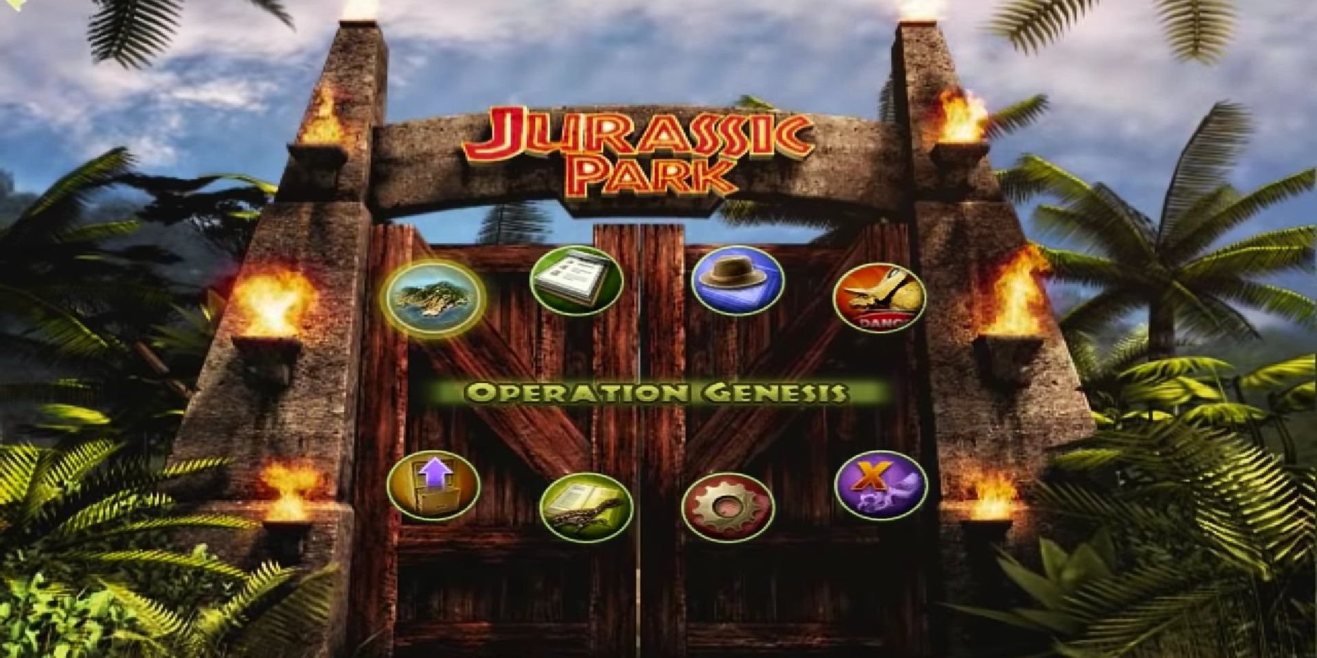 Screenshot of the title screen for Jurassic Park: Operation Genesis. 