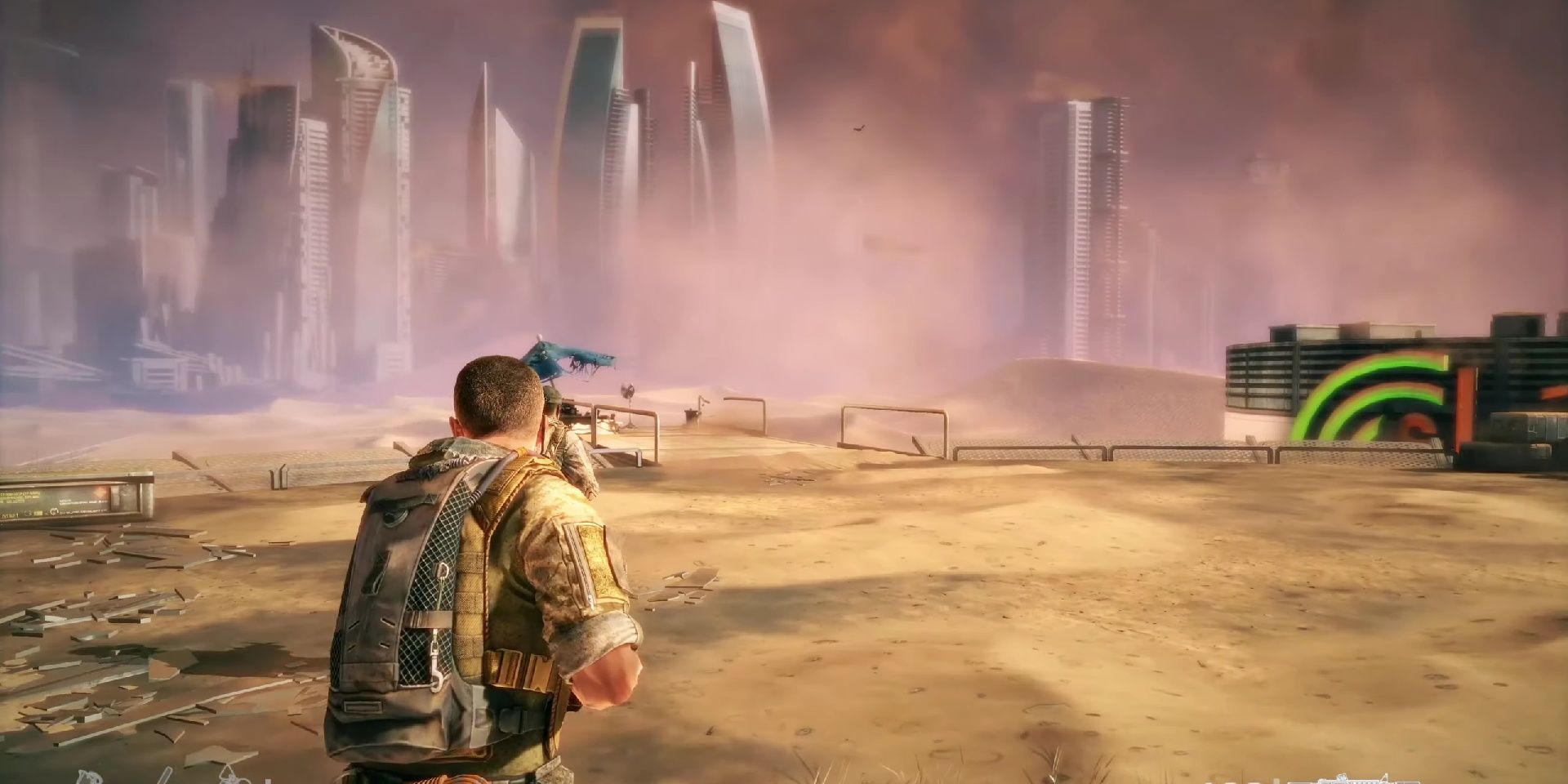 Screenshot of a panoramic shot of the beautiful skyscraper buildings in Spec Ops: The Line.