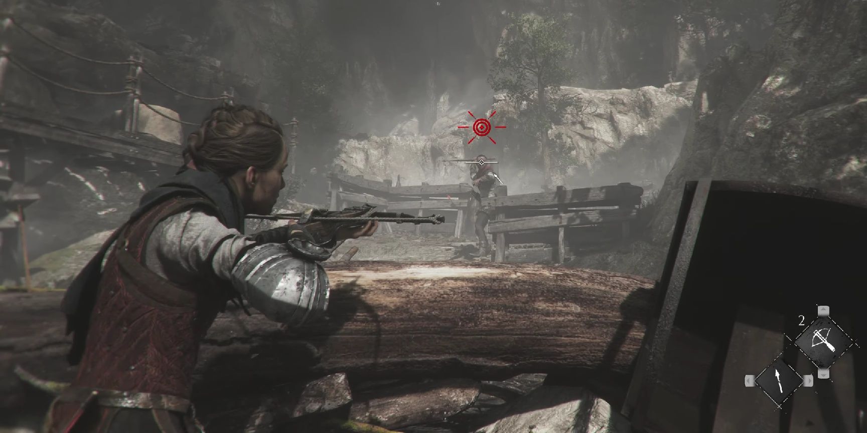 Screenshot of a player using a crossbow bolt on an enemy that's not wearing armor in Plague Tale: Requiem.