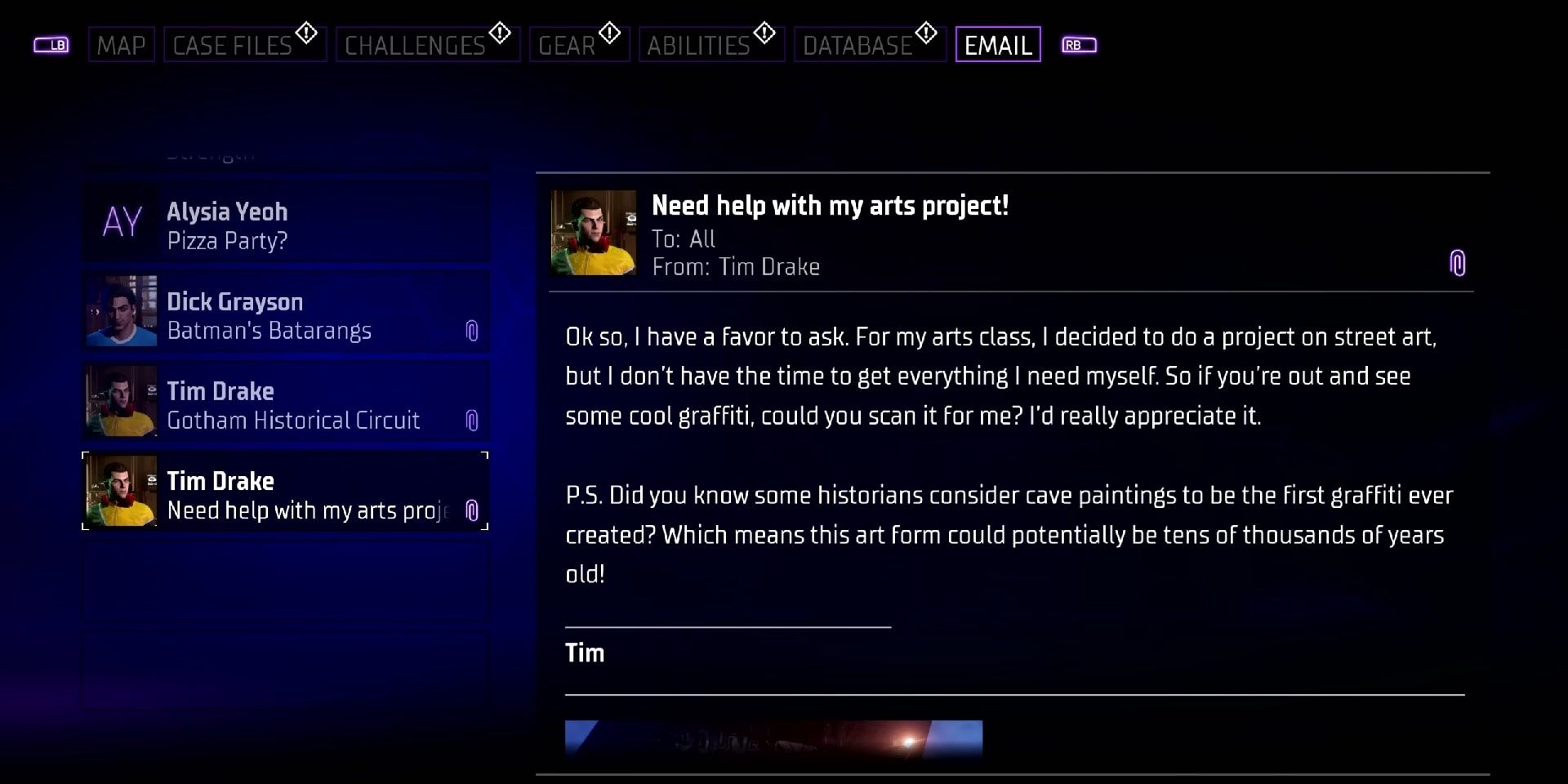 Screenshot of an email to Barbara from Tim about helping him with an art project in Gotham Knights.