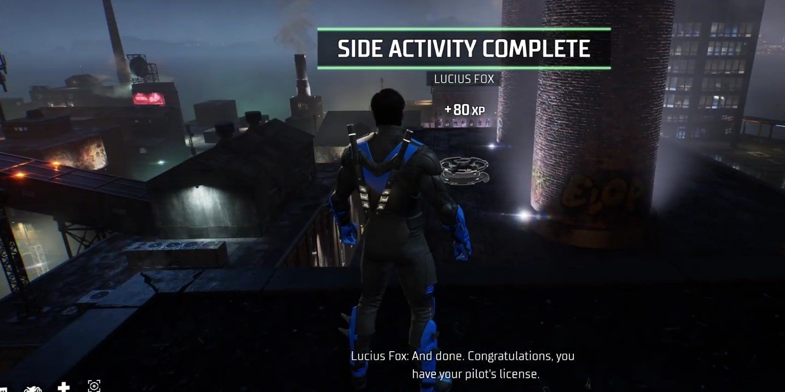 Screenshot of the first drone side activity for Lucious Fox being completed in Gotham Knights.