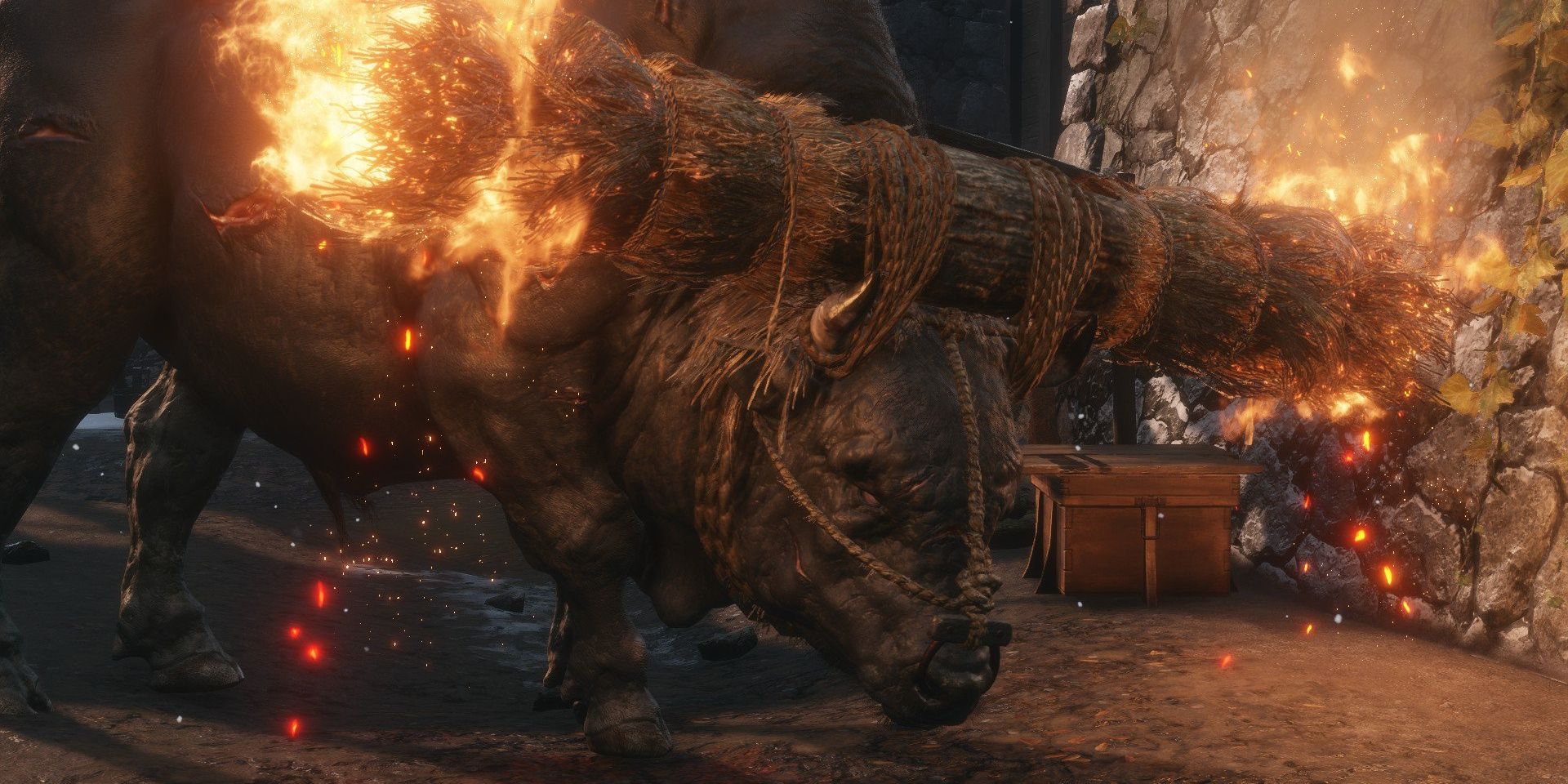 The Blazing Bull from Sekiro charging while its horns are on fire