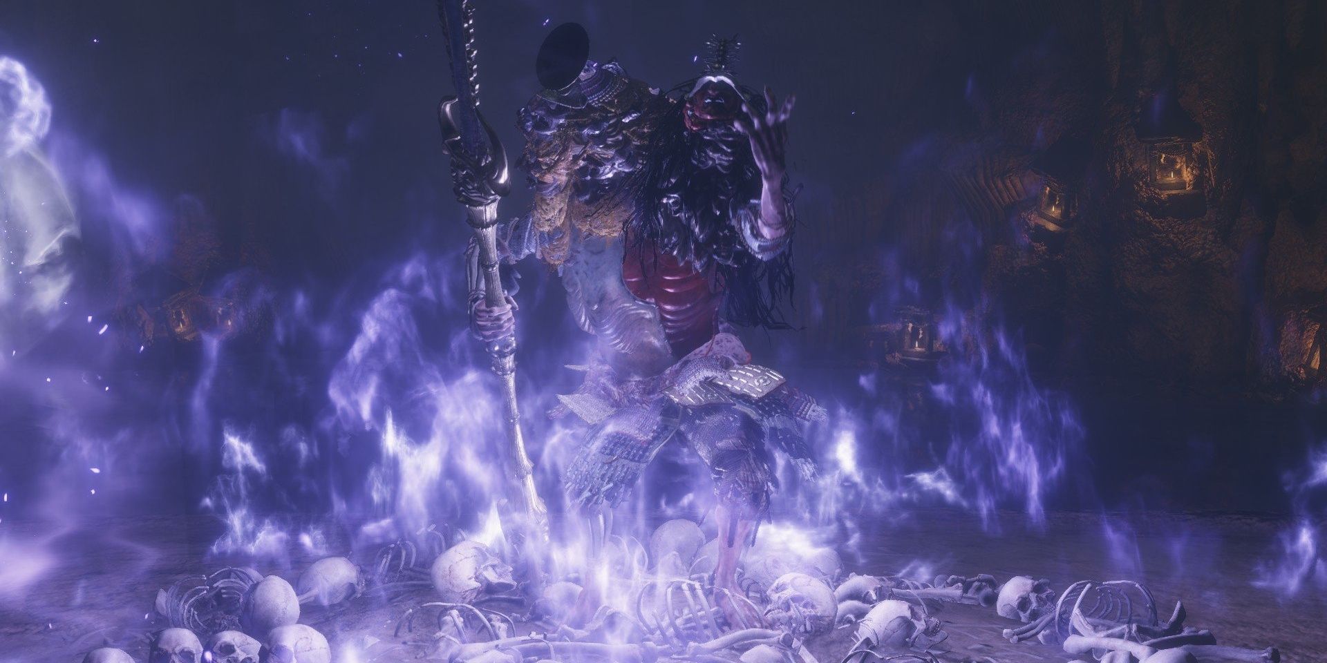 A Shichimen Warrior surrounded by skulls and bones with purple flames around them