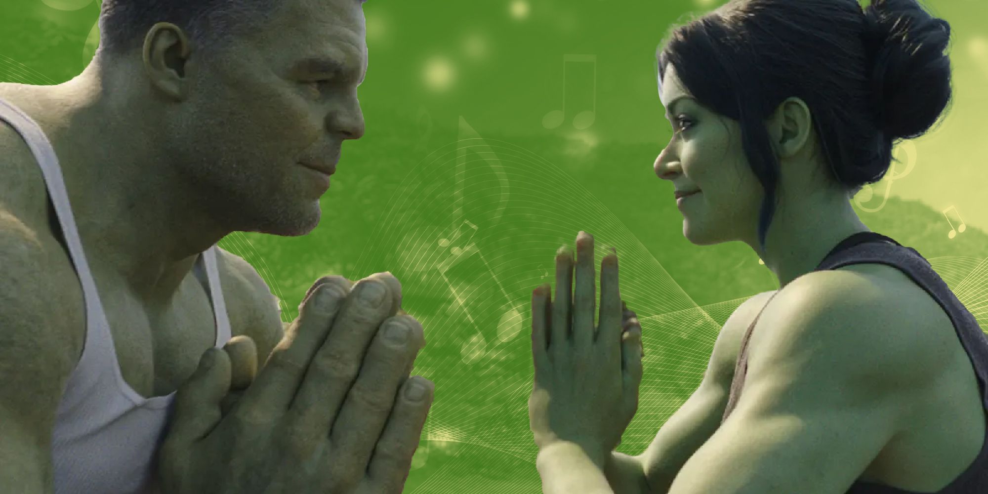 Bruce Banner and Jen Walters, both in Hulk form, face each other against a green backdrop with music notes.