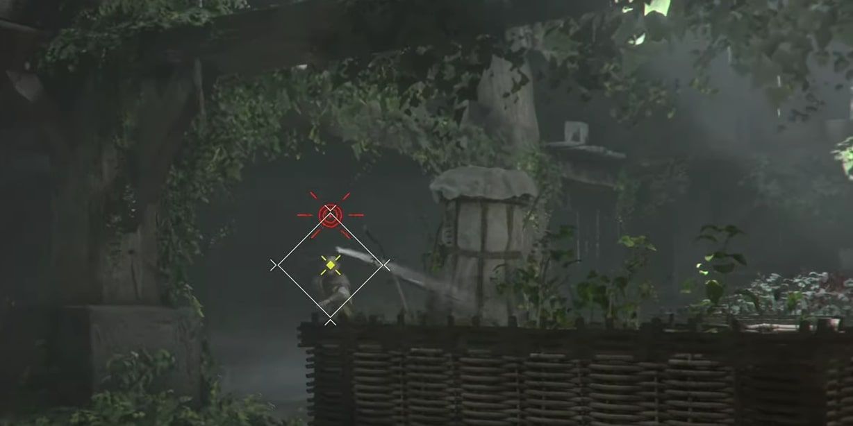 Screenshot of the sling debris going over the enemies head in A Plague Tale: Requiem.
