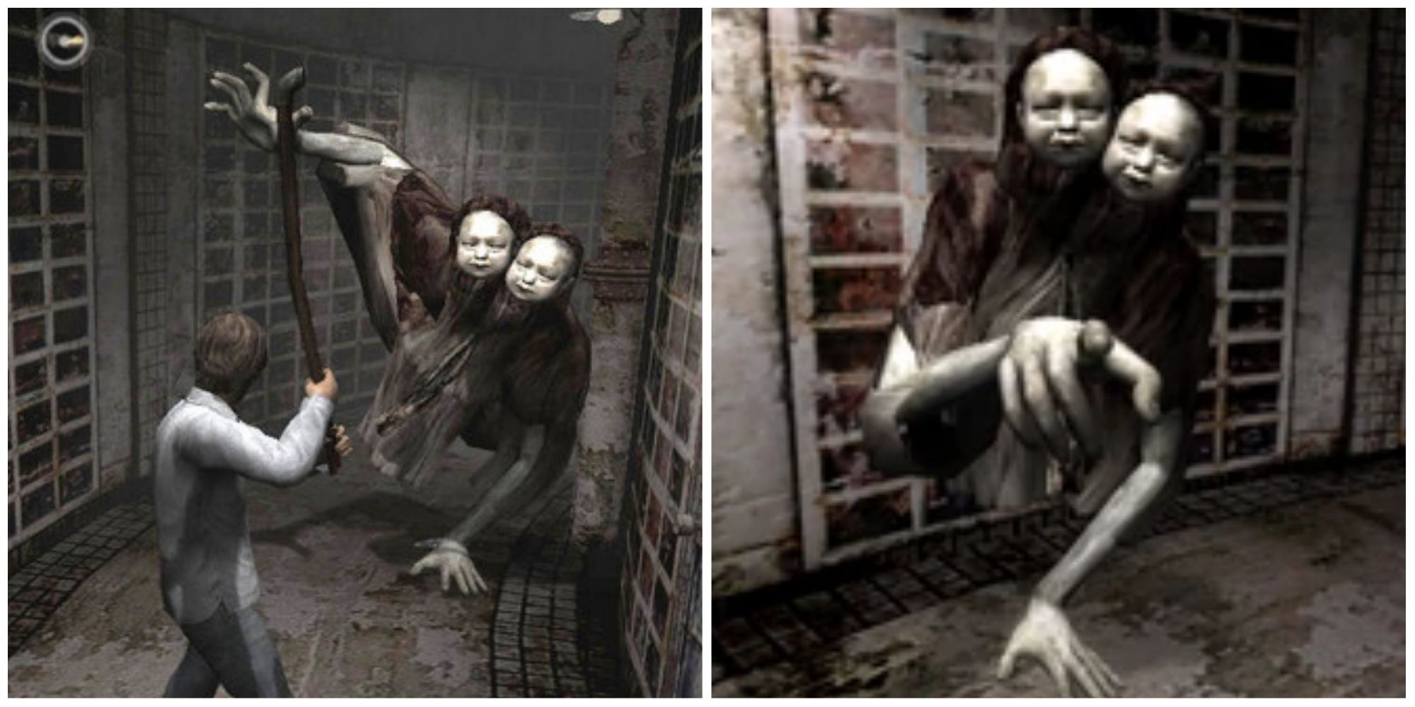 Split image screenshots of Henry Townsend being chased by the Twin Victims in Silent Hill 4.