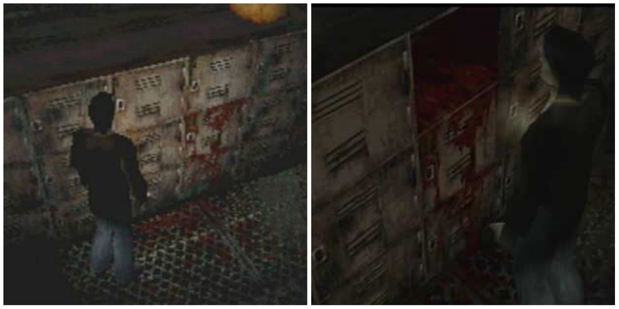 Split image screenshots of Harry Mason looking at and opening the locker in Silent Hill.