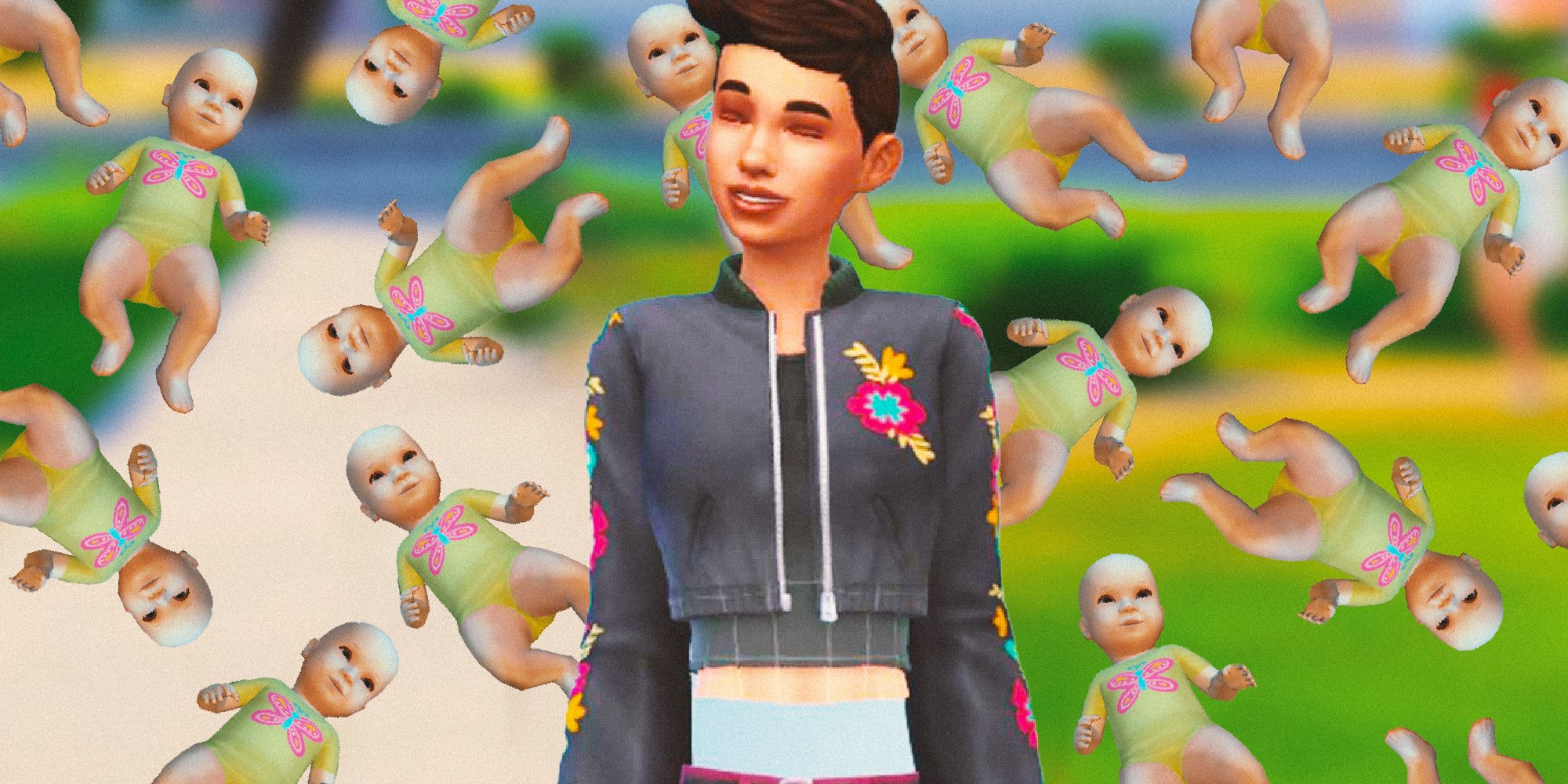 a female sim with babiues floating all around her