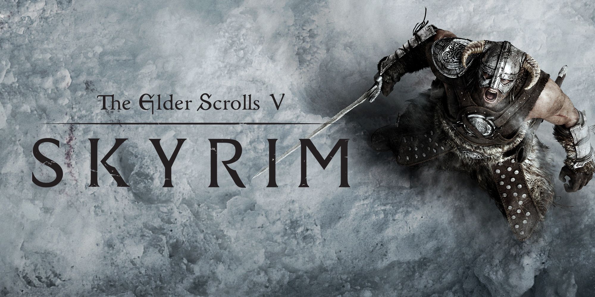 The cover art and title for Skyrim, featuring the Dragonborn looking up and shouting.
