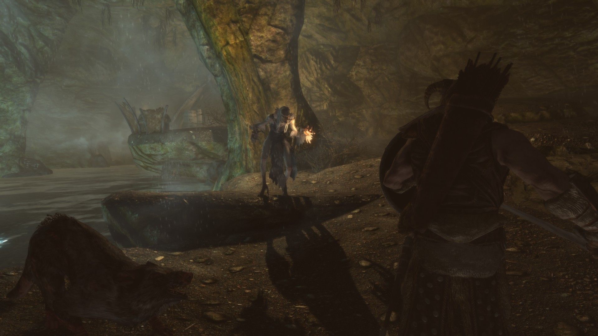 A man fights a hagraven in a cave