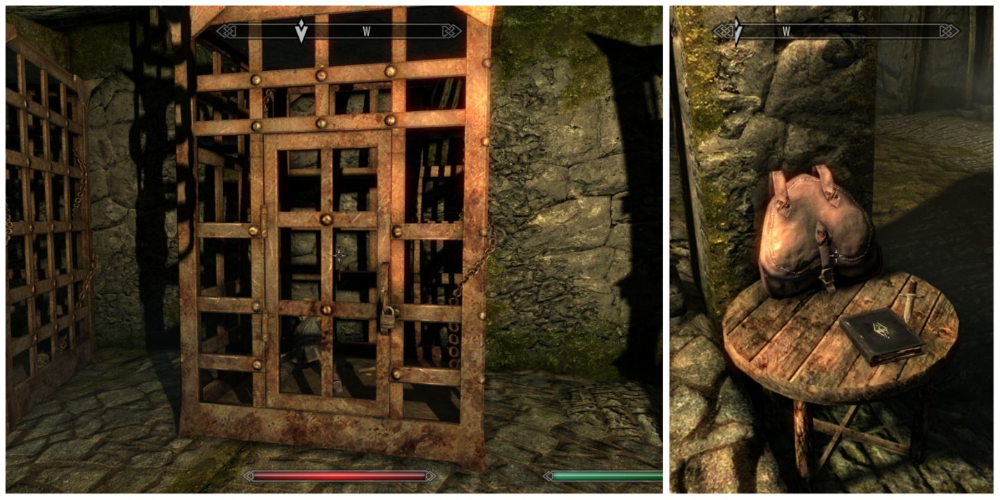 A pair of images in a dungeon showing how to get magical loot