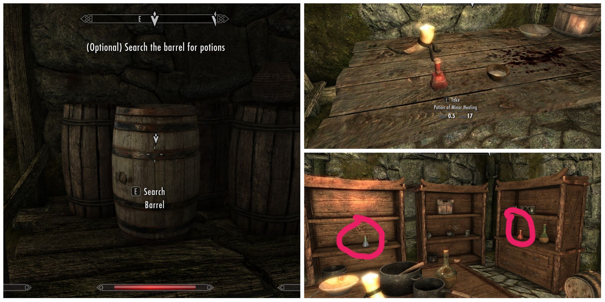 A series of images showing where to find potions in a dungeon