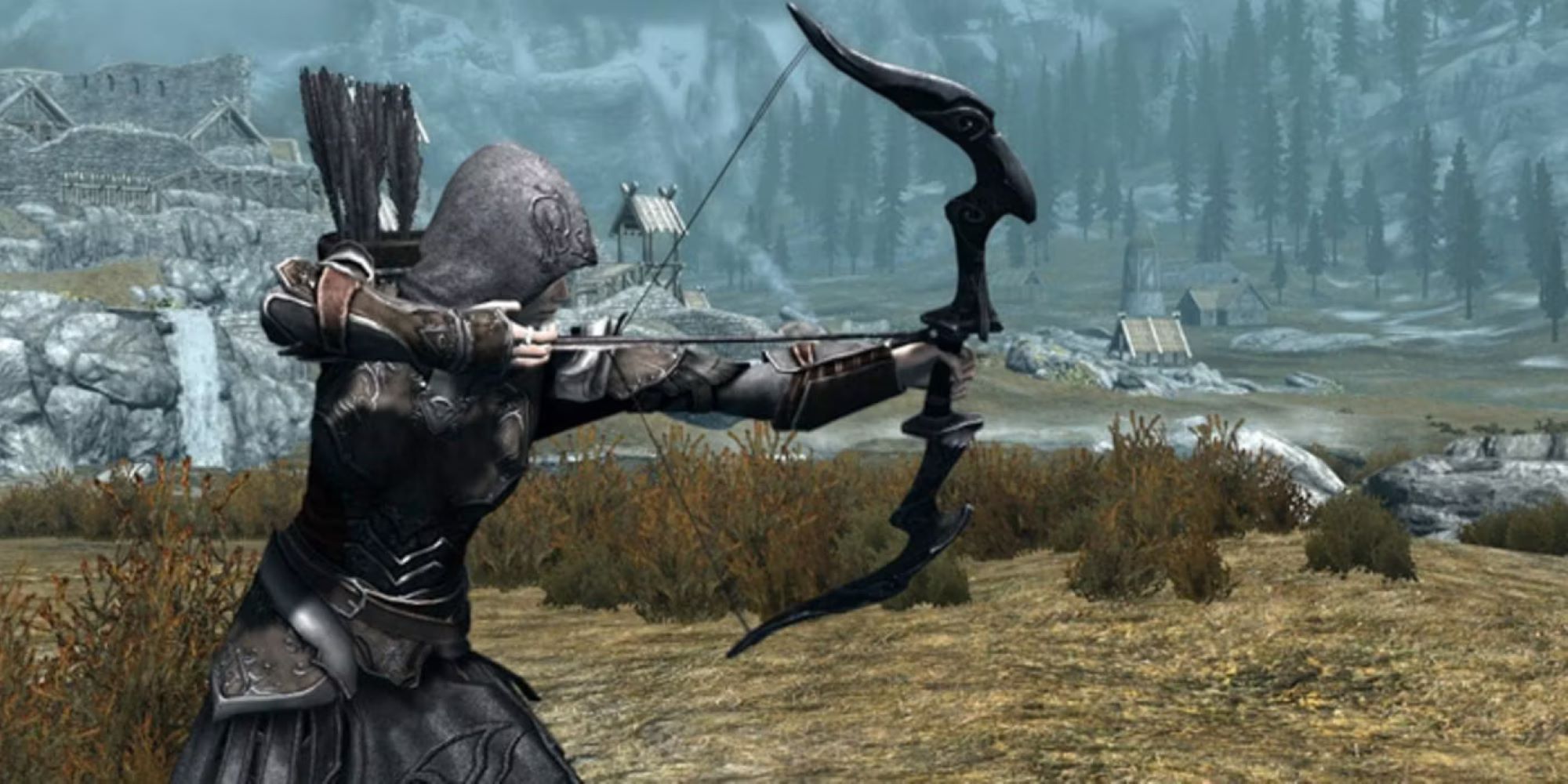 Skyrim:An archer in black draws her bow