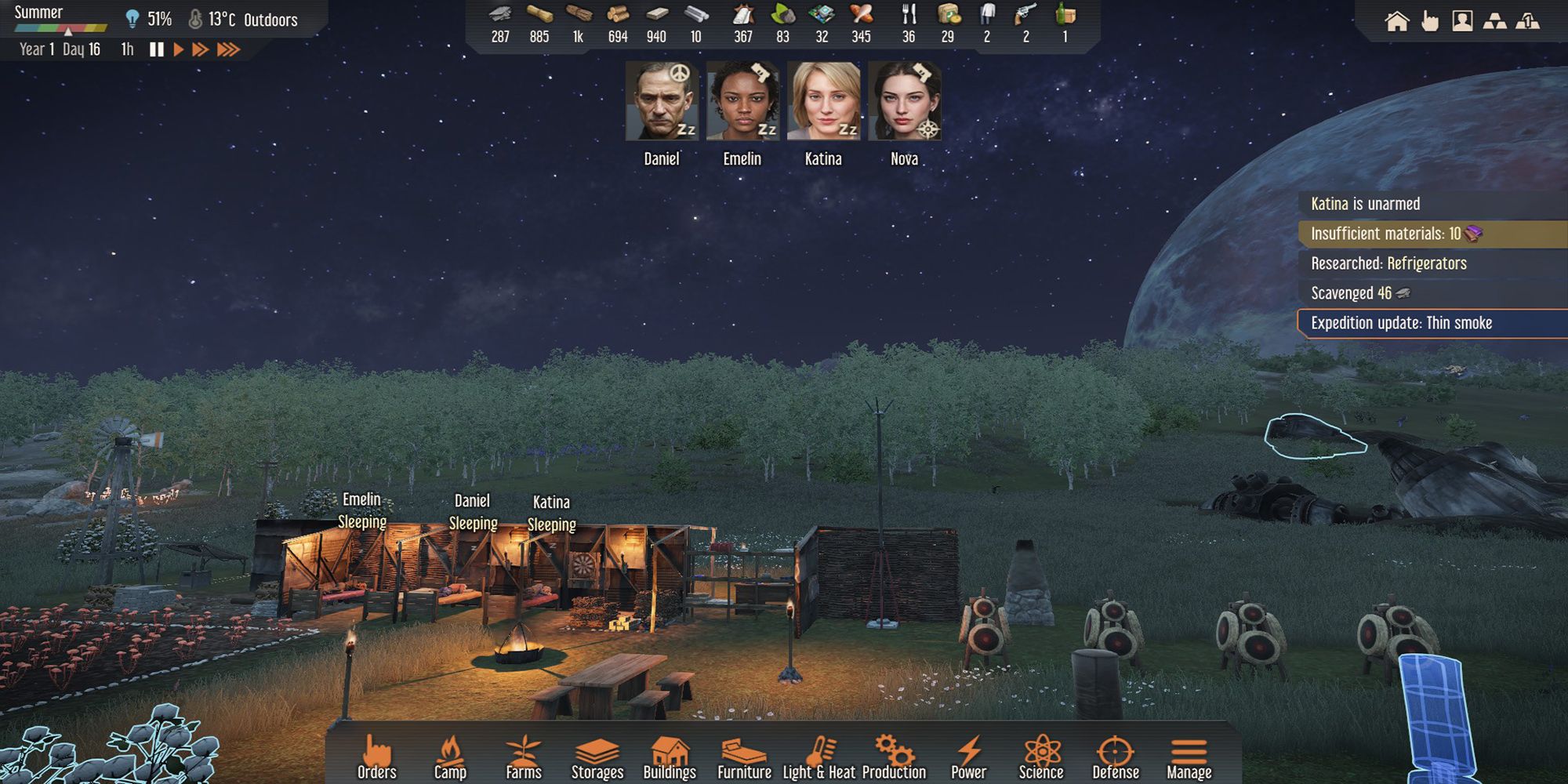 The game speed is paused while survivors sleep in Stranded: Alien Dawn.