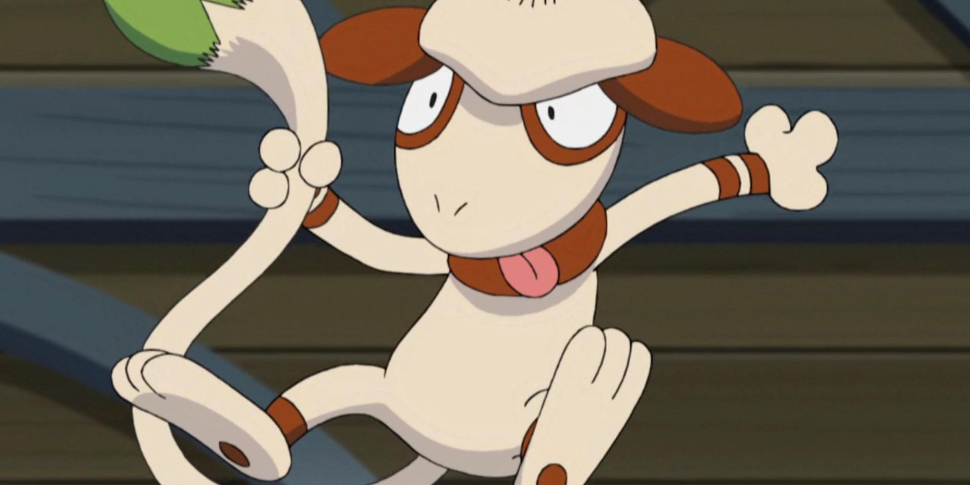 Smeargle jumps in the air while holding its tail