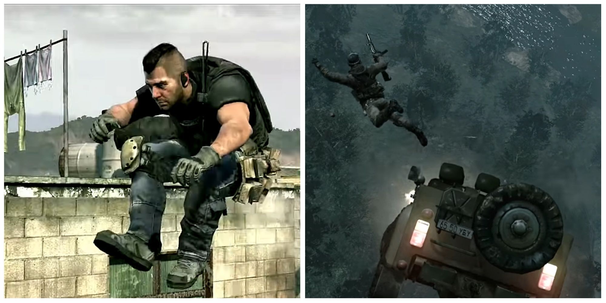 Soap jumping a gap in Modern Warfare 2 and Yuri jumping from a vehicle in Modern Warfare 3.