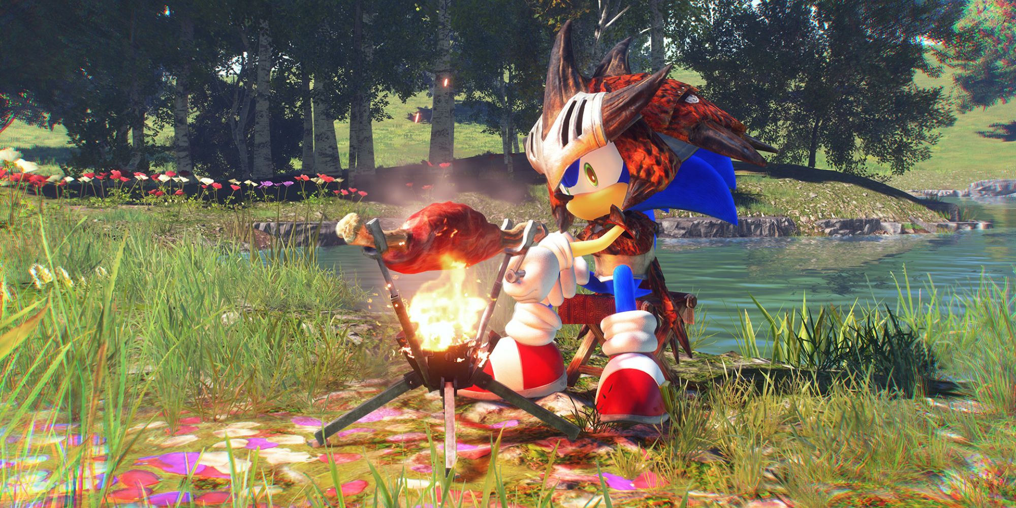 Sonic cooking a leg of meat on a campfire