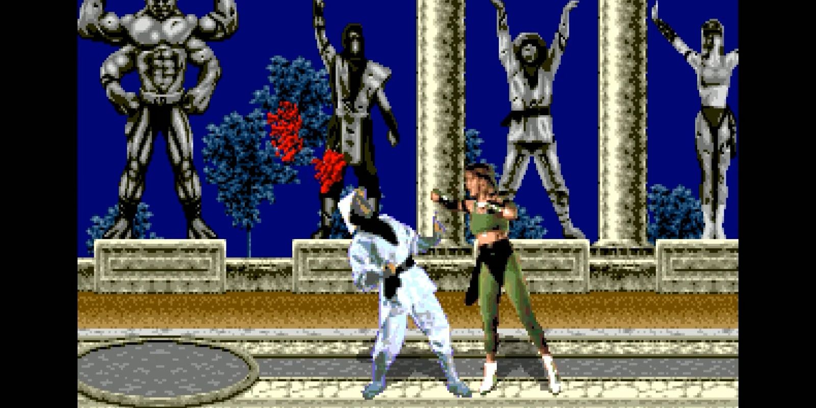 Sonya punching Raiden causing blood to fly out in the Genesis version of Mortal Kombat 1.