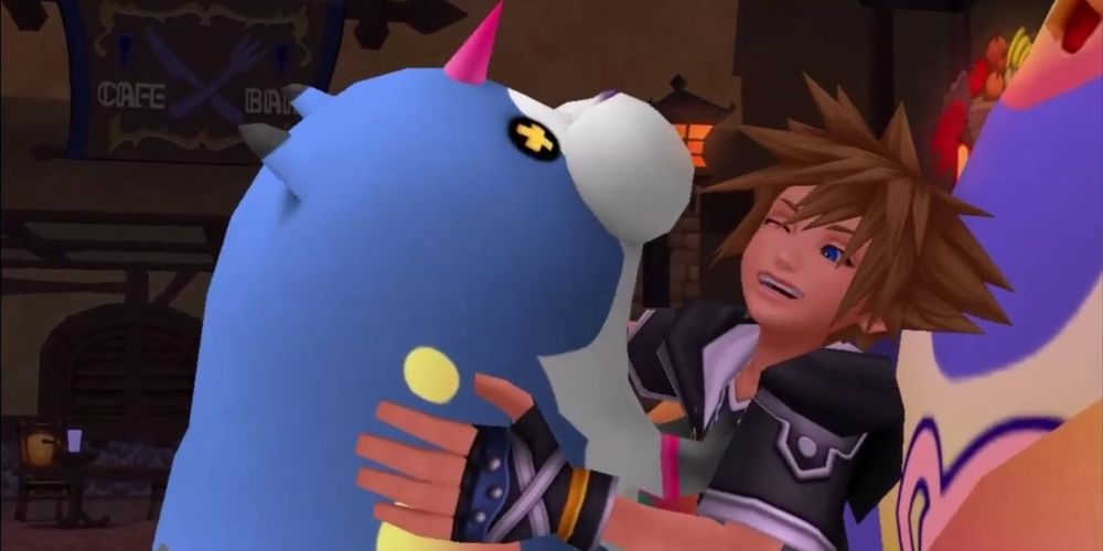 Sora laughing and holding Meow Wow in Kingdom Hearts 3D Dream Drop Distance