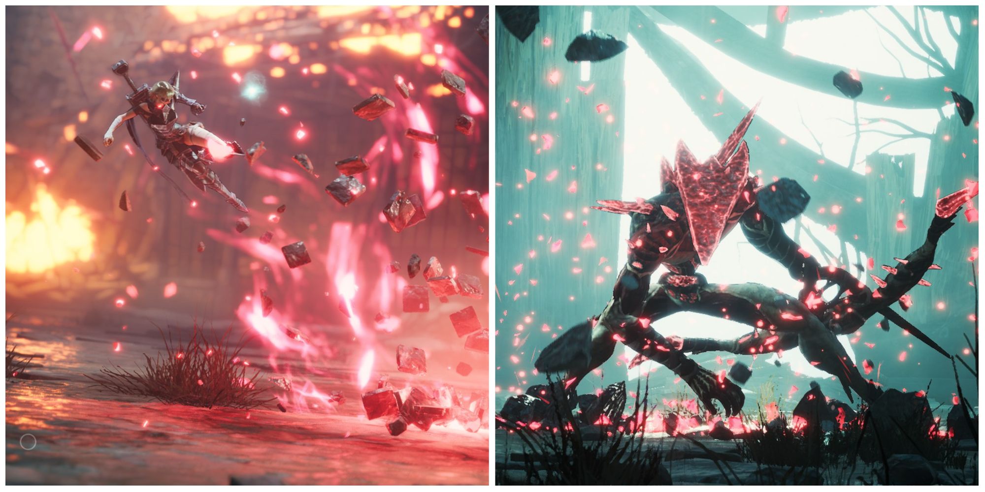 Split image of player character jumping away from a red energy blast and of Arrowhead