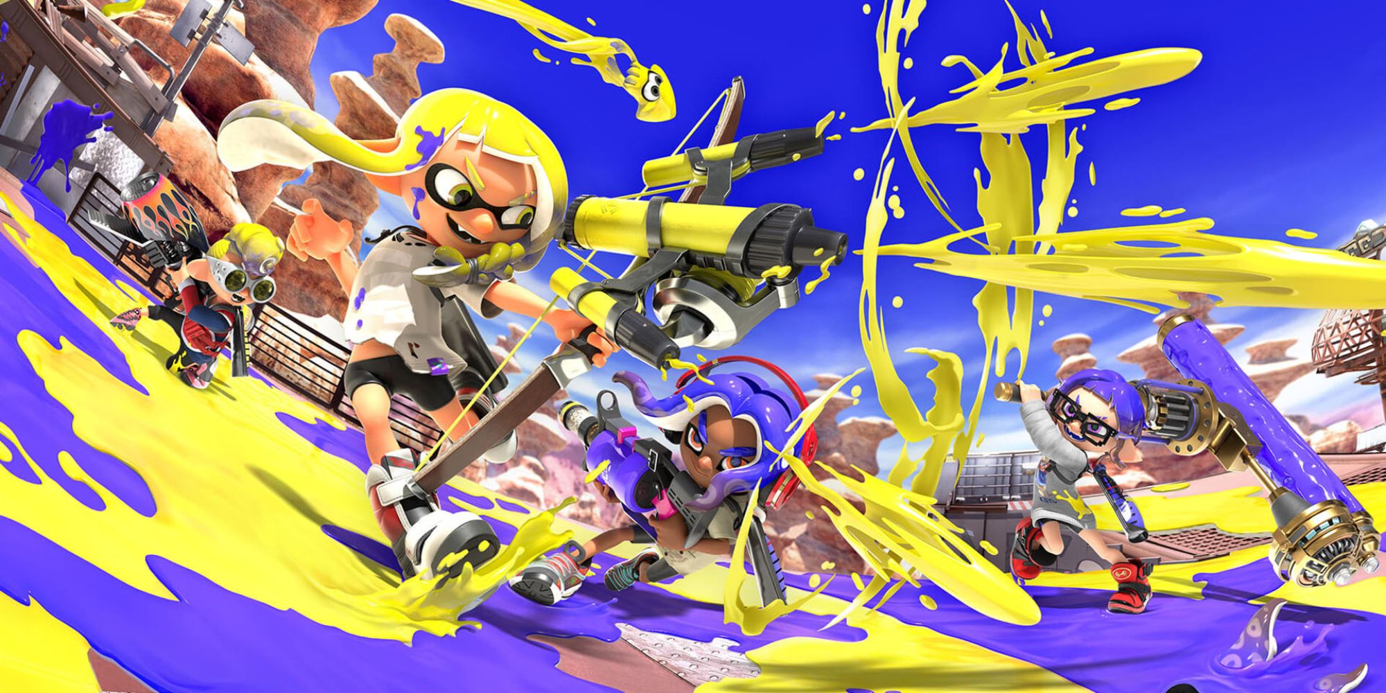 Splatoon 3 - Yellow And Blue Inklings Shooting Ink At Each Other